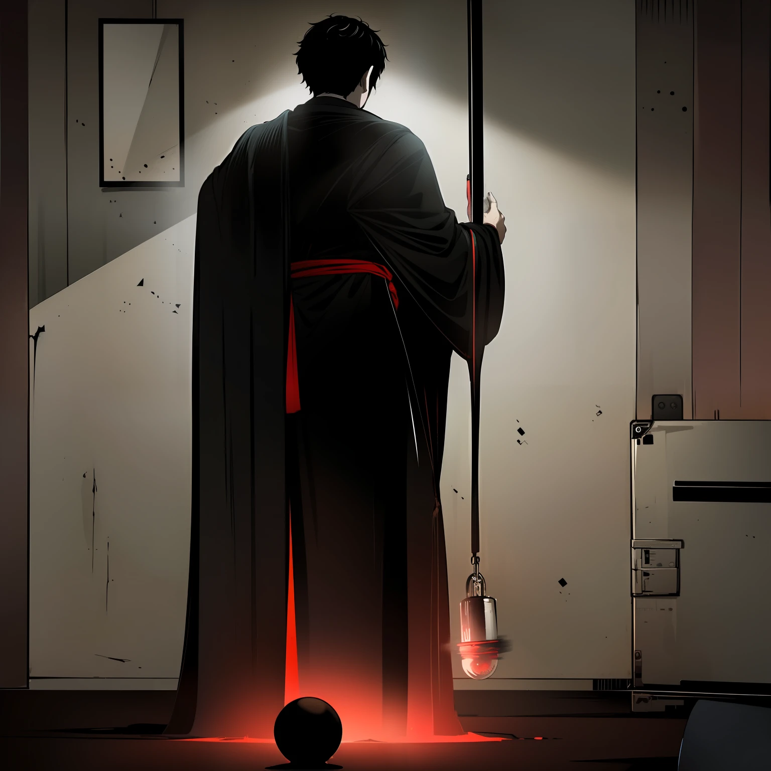 ((One Man)), (black short hair), white hiccups, pale skin, black cloth robe, a sphere with red liquid in his hand, a large lock behind his back, the lock emits a green glow,  front view