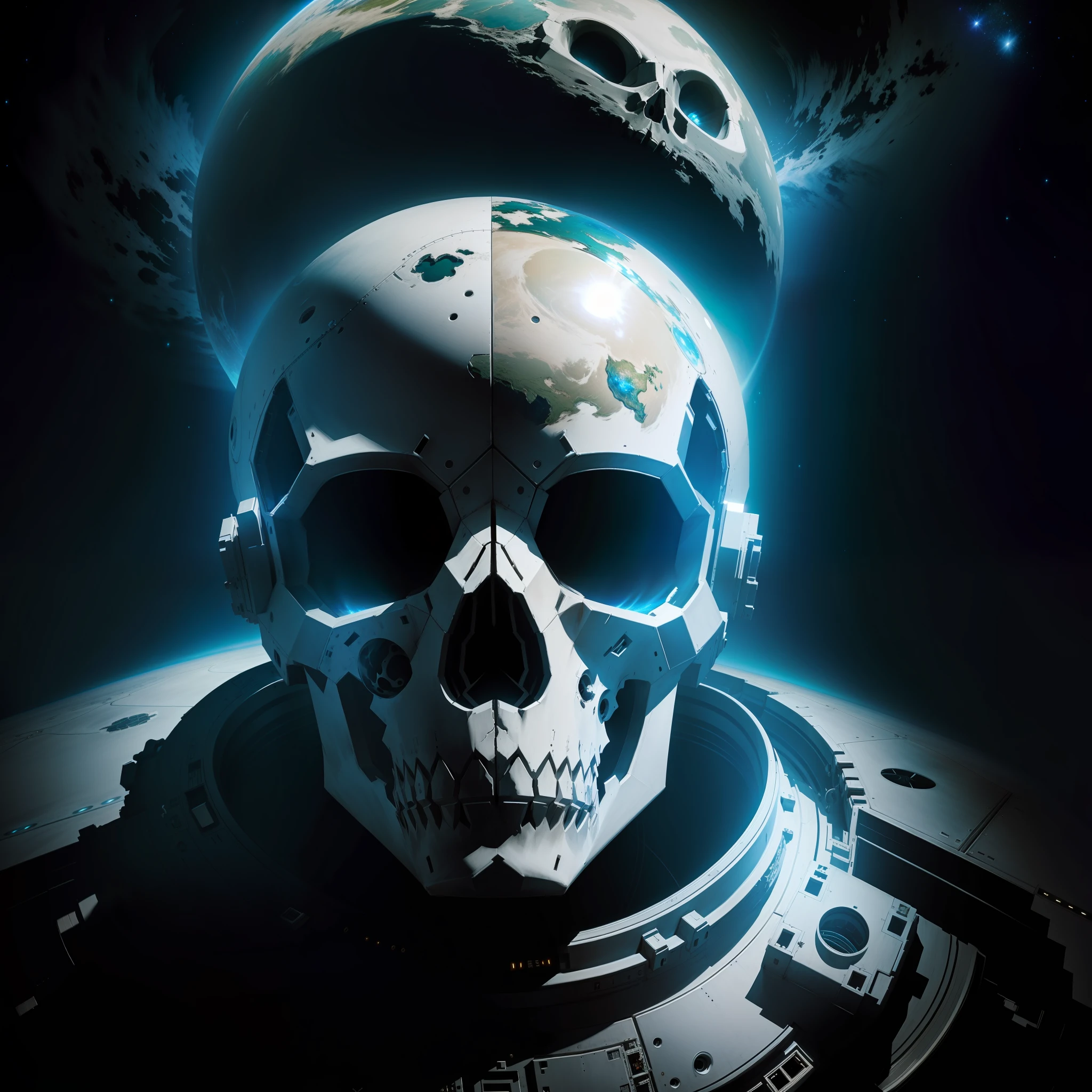Nave espacial, view of Earth from space with a haunting skull, photo shoot, realista, 8K.