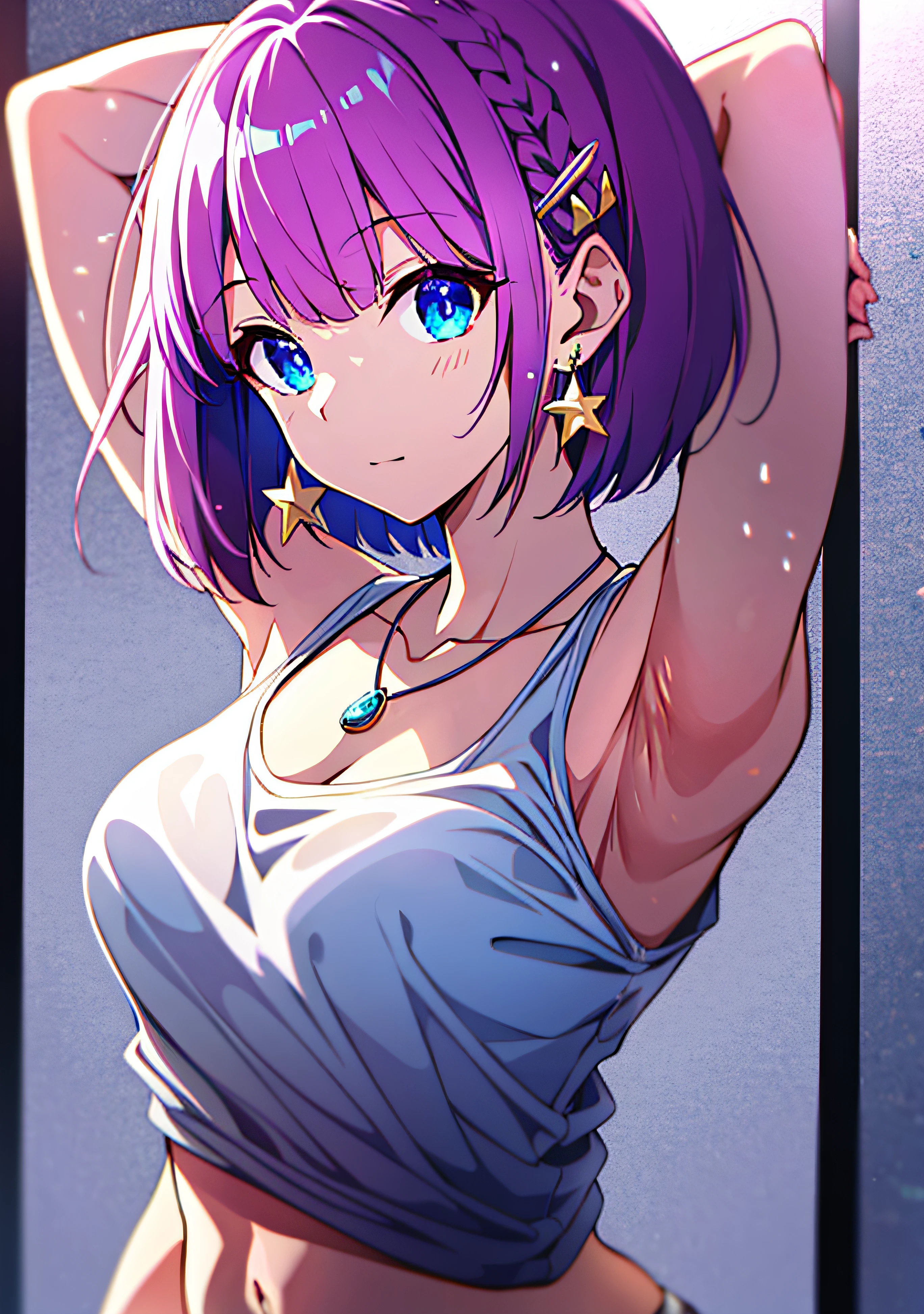 （（tmasterpiece））， best qualtiy， illustratio， The is very detailed， Off_Shoulder，dampness， （see through_White_Colorful_Lettered_tee shirt）， Purple Bob hair，Pink_flower_hair pin，Blue_Eyes，navel，The Arm_arms  cuffs，Star pendant earrings，pleated_Miniskirt，Gorgeous light and shadow，Wear a garland on your head