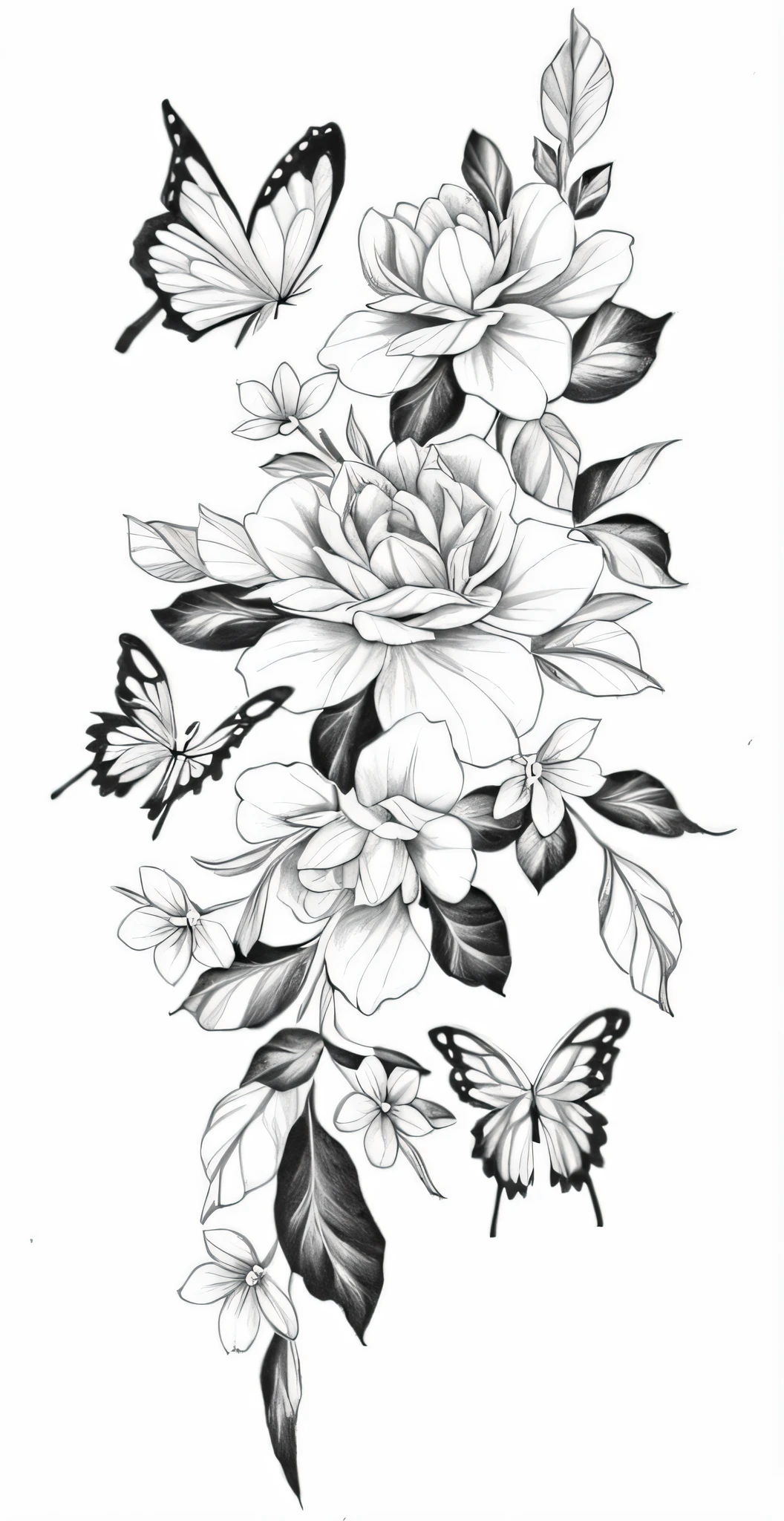um desenho de uma flor com borboletas sobre ela, flores e borboletas, design de tatuagem, flores detalhadas, tatuagens de desenho de linha, sketch black and white colors, com flores coloridas, preto e branco realista, black and white coloring, black and white detailed sketch, nature illustration tattoo, apenas nas cores preto e branco, down left arm and back, desenho em preto e branco, tatuagem em preto e branco