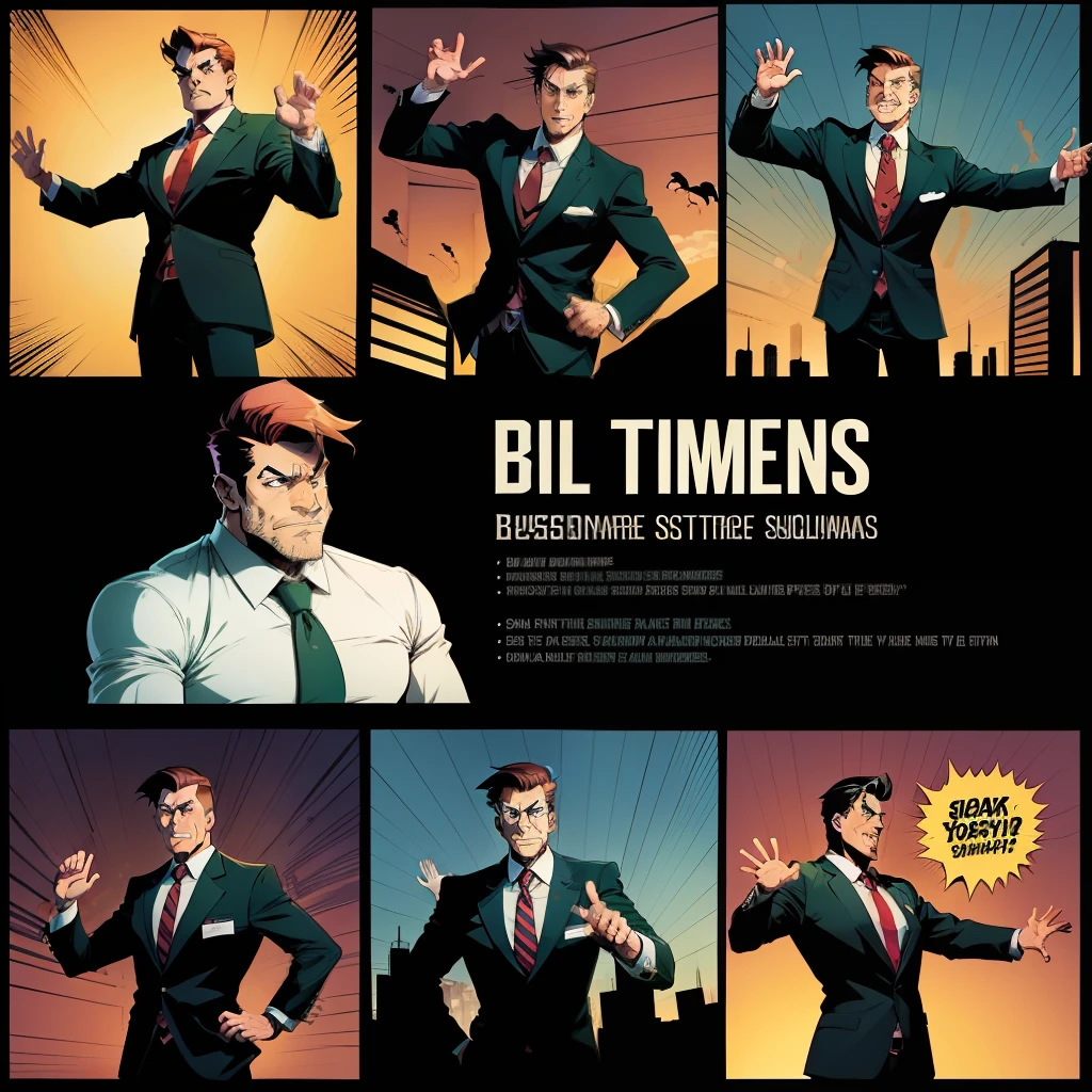 6 cartoons of a businessman waving his arm up and down,Comic book style comic strip anime style,Merchant waving his arms,6 Picture comic strips,solid green background,anime style