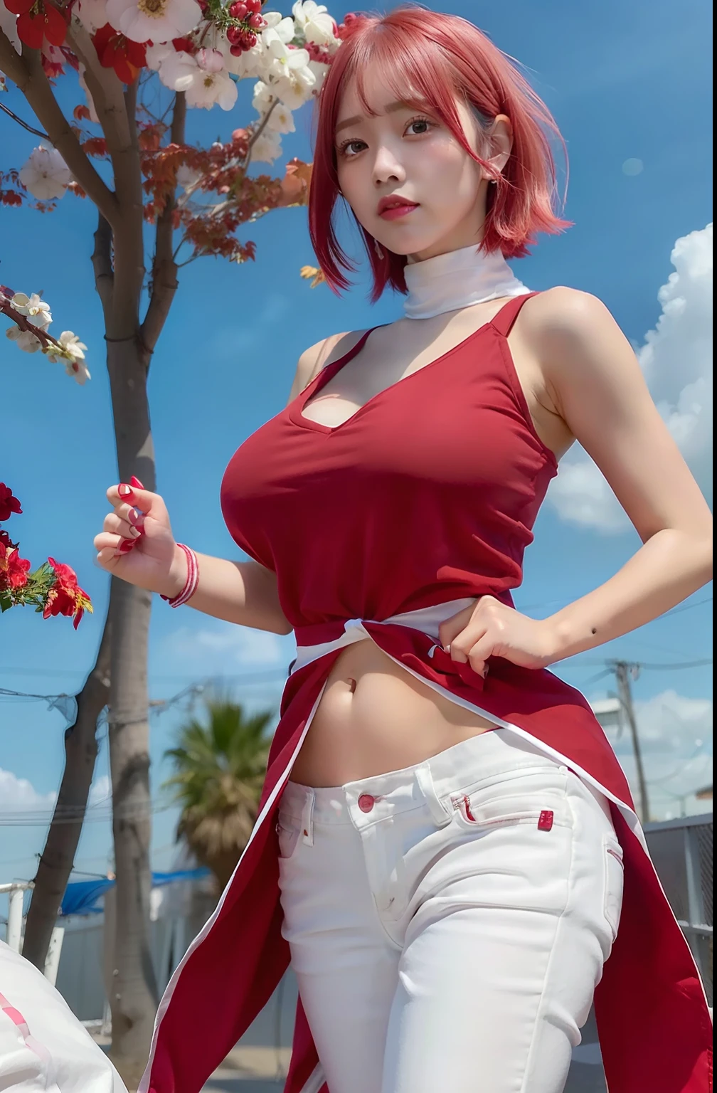 1girl, red cloth, white jeans, short hair, pink hair, red bandana, big boobs, ultra detail, realistic, 70mm lens