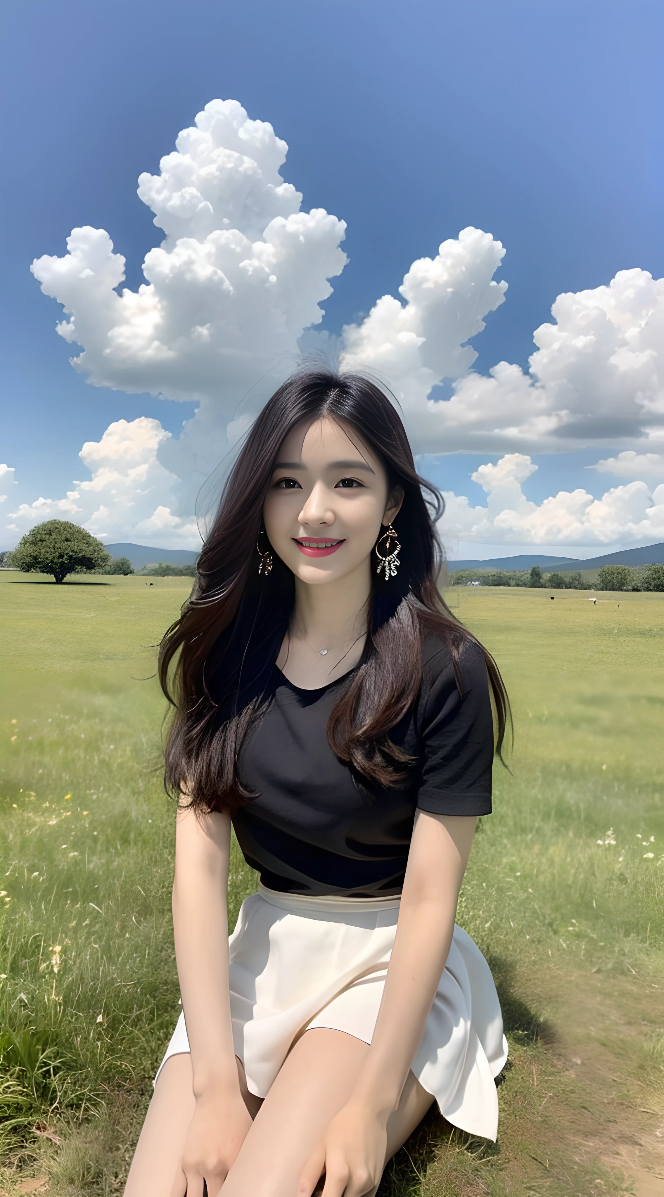 a young, Beautiful cute girl,Full body photo,Extremely beautiful and delicate,Black color hair,A sweet smile,Delicate and beautiful fair skin,Realistic and realistic,exquisite and complete facial features,Detailed depiction of the face,tall nose bridge,Smooth hair,extremely detail hair,Feminine temperament,Fill your face light,Tall and tall,Thin,Realiy,Hyper-realism,sandals,full body shot shot,Forward tilt angle,Extreme picture quality,Highest precision,Precise and perfect human anatomy。with blue sky and white clouds,Sitting on the Steppe,with blue sky and white clouds,rays of sunshine,Cows, sheeps, (White chiffon skirt)Panties are clearly visible. (telephoto shot,)Express the landscape,Highlight portrait。Wearing earrings