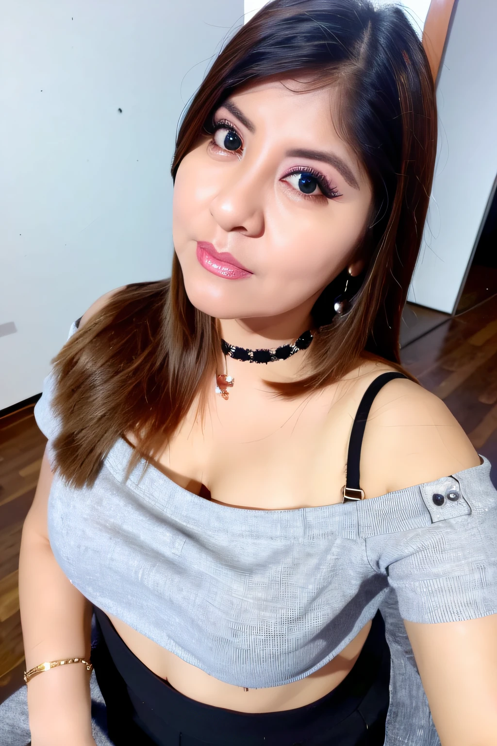 best quality, ultra high res, (photorealistic:1.4), 1girl, off-shoulder white shirt, black tight skirt, black choker, (faded ash gray hair:1), (huge breasts:1.2), looking at viewer, closeup ,
