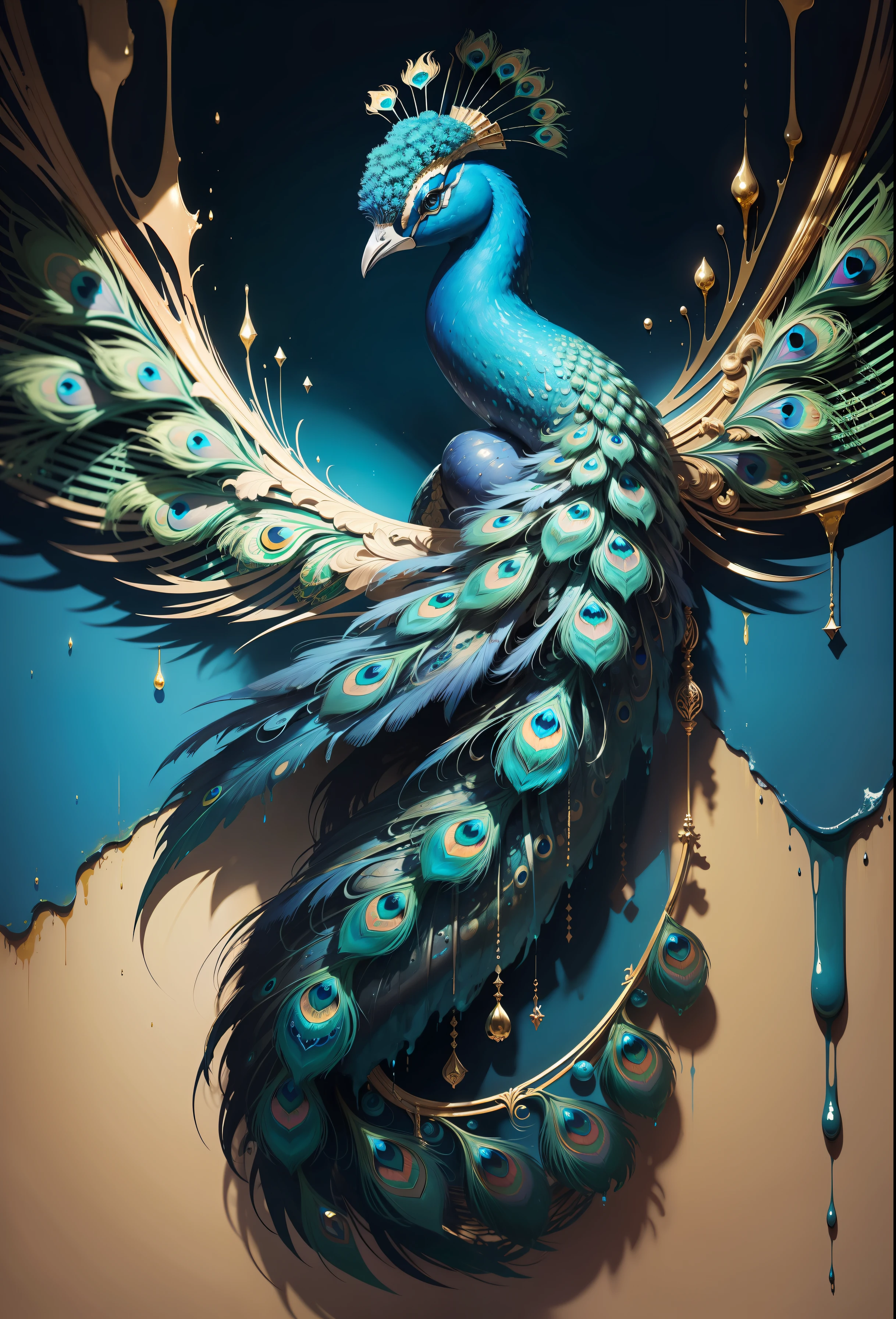 Peacock blue color and gold full note,super high-quality model,dripping paint,oil painted,Abstract beauty,Heavy strokes