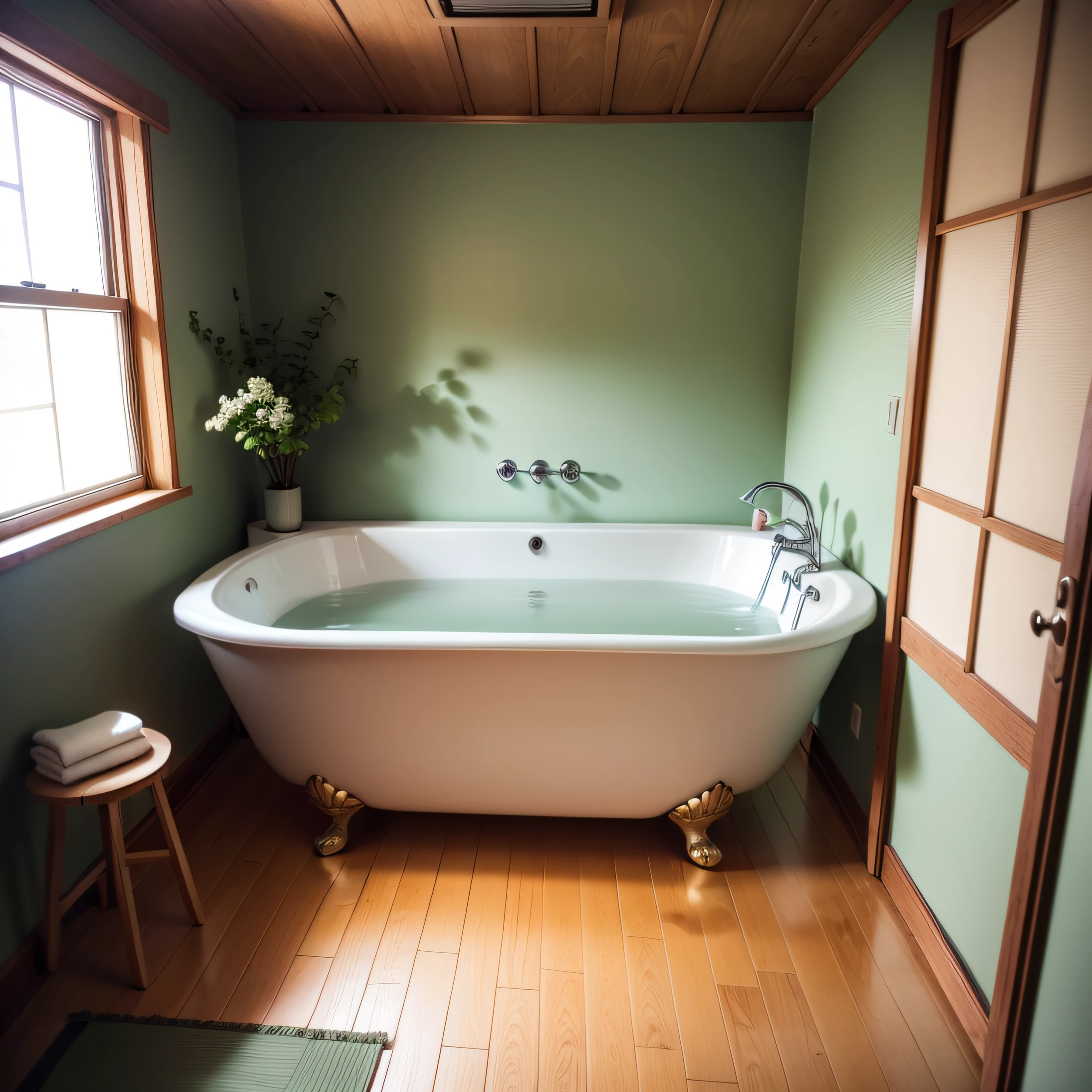 Bathroom with wooden floors，Japanese style，photorealestic，Photographic pictures，There was a bath，There are greenery