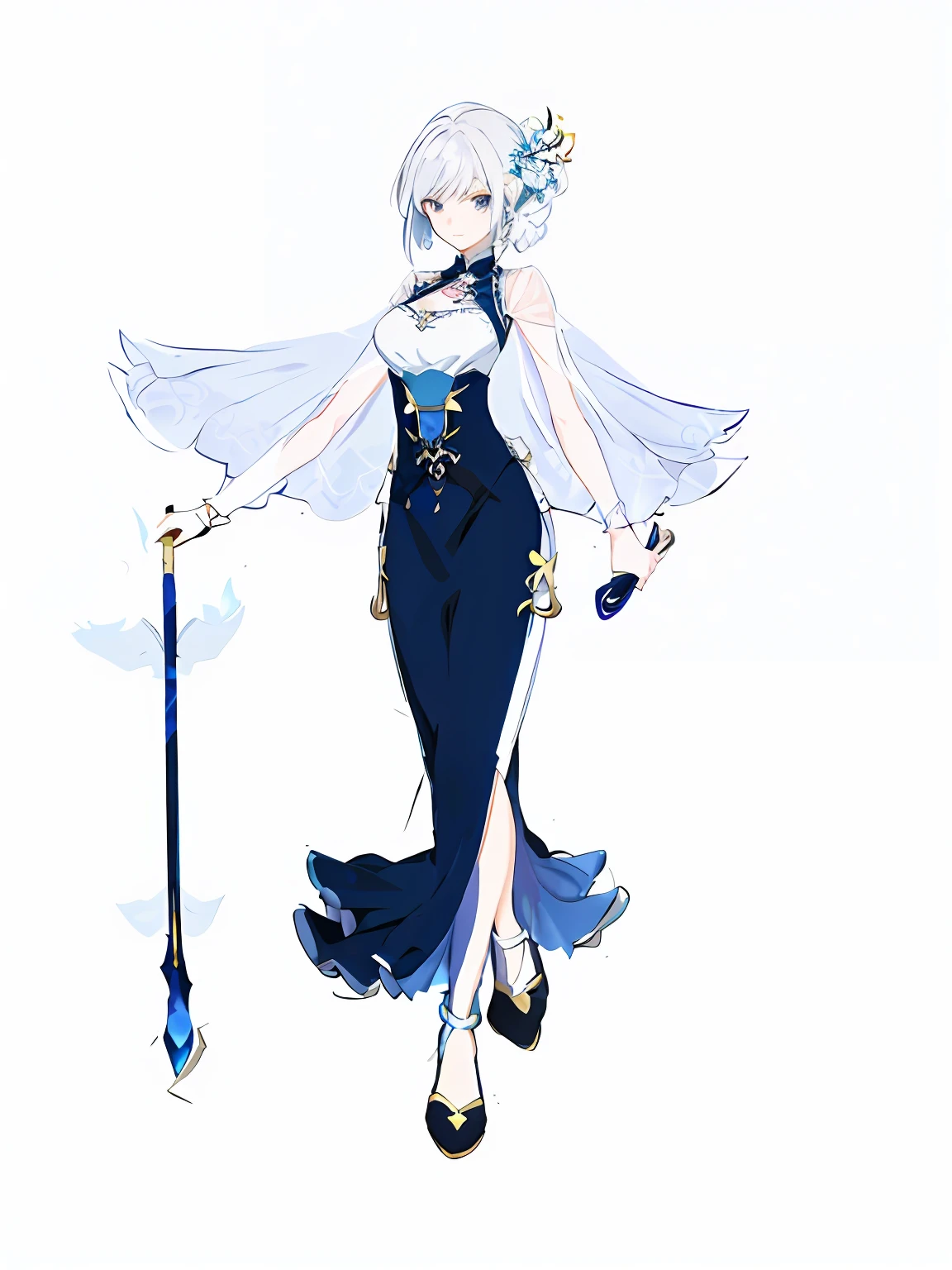 Anime - Anime drawing of a woman holding a scepter in a blue dress,Costume with blue accents, clothing design, full body concept, clear outfit design, full-body xianxia, fashion concept art, full body adoptable, pretty anime character design, fantasyoutfit, Anime character design, wearing fantasy formal clothing,Holding a fan in his right hand,White hair,Translucent cape,tmasterpiece