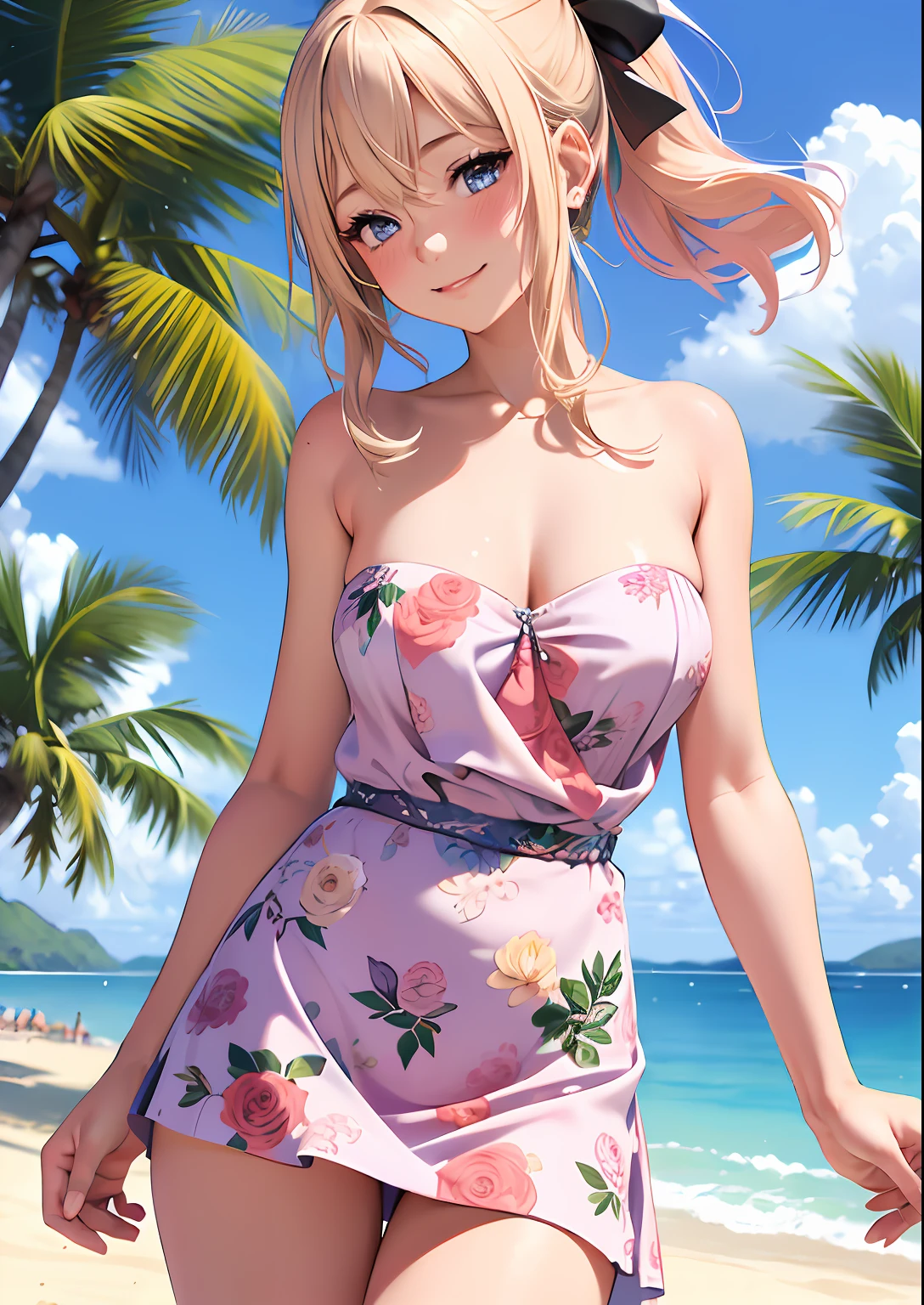 1girl, adult woman, (Naked: 1.4), (Blushing:1.4), (Loose strapless dress without pleats, flowing, skirt lifting with the wind, floral print, nude), blushed, Smile, Cowboy Shot, Slim body, Small breast, small boobs, Full Body, Detailed background: Beach and palmtrees, summer