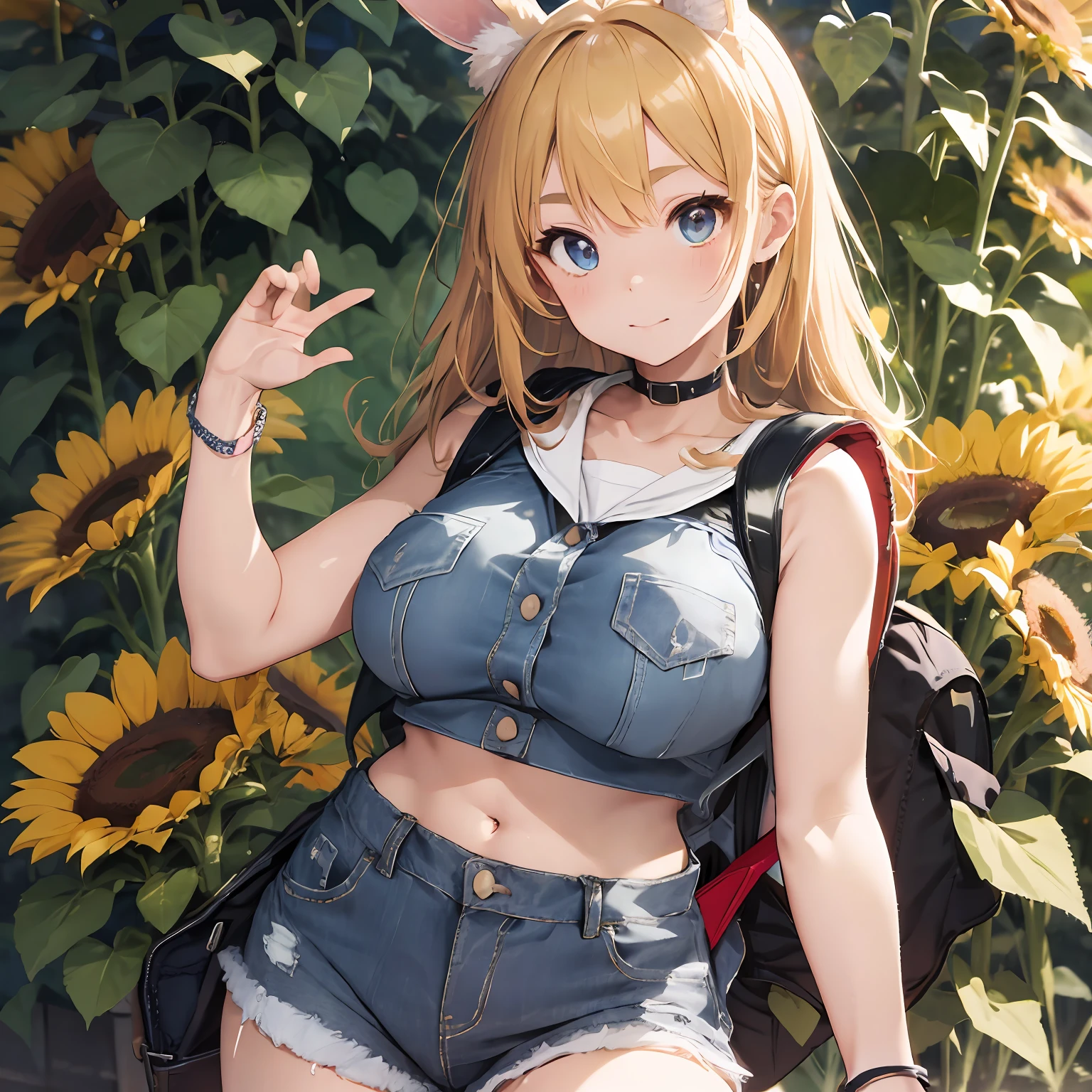 V-sign with both hands、Fusion of cropped sailor suit and sleeveless denim jacket、Low Rise Denim Hot Pants、Bouquet of sunflowers、Thick eyebrows、Chest、(Huge backpack:1.5)、Beautiful blonde hair、Rabbit ears、(masterpiece)、((top-quality))、(ultra-detailliert)、(in 8K)、Full Body Anime Girl、Clean and detailed anime face、High Resolution Anime Eyes、Five Fingers、textile shading、The perfect human structure、