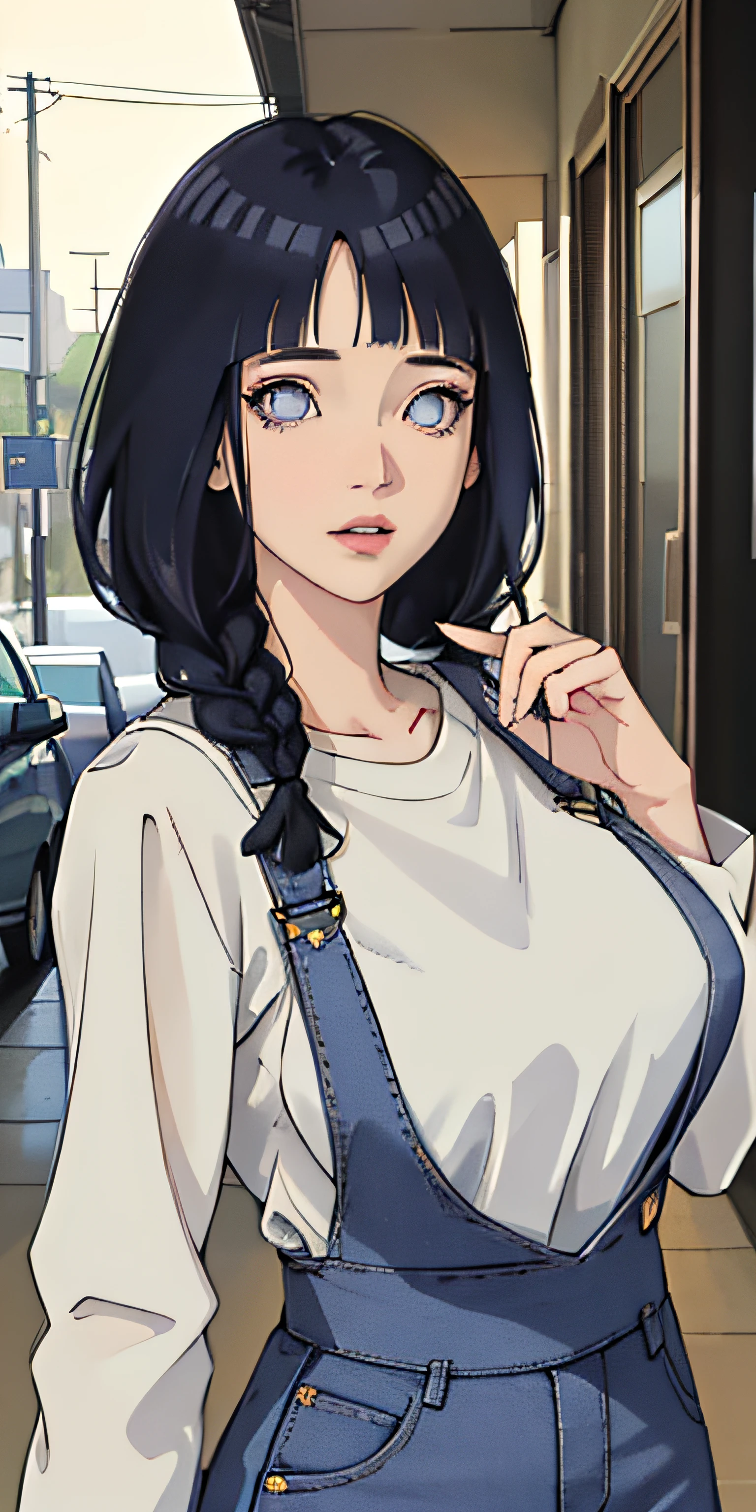 tmasterpiece， best qualityer， ultra - detailed， illustration，1girll，
long whitr hair，dark-blue hair，french braid，Purple eye，bluntbangs，
The shirt，（jeans overalls：1.1），
（huge tit）， 
looking at viewert，hyouka/（Boruto/），Detailed lips