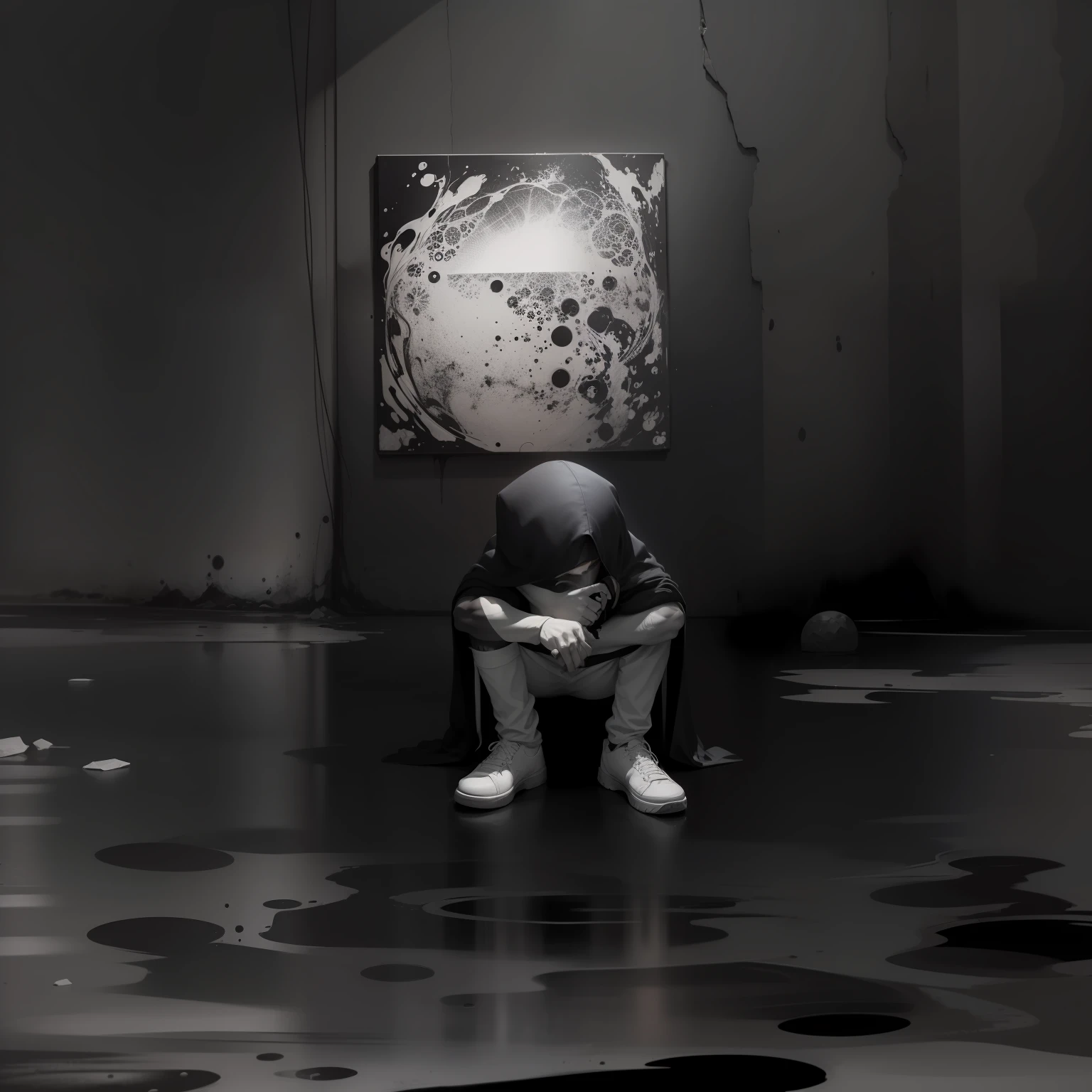 Character with depression, abstract setting, preto e branco, monstros no fundo