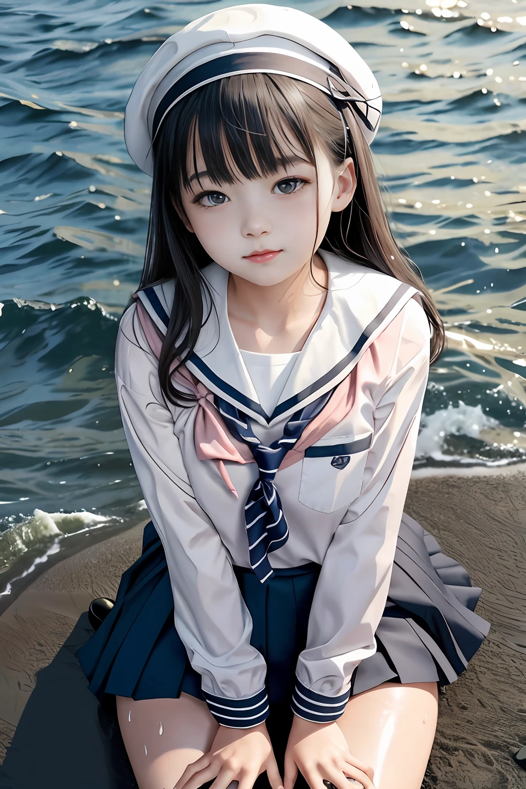schoolgirls,Spread your legs,Blush,drools ,Hands are tied ,Face the screen,Look up,a sailor suit,Beth。Wet water on the body ,Clothing attaches to the skin , There is white liquid on the legs and feet