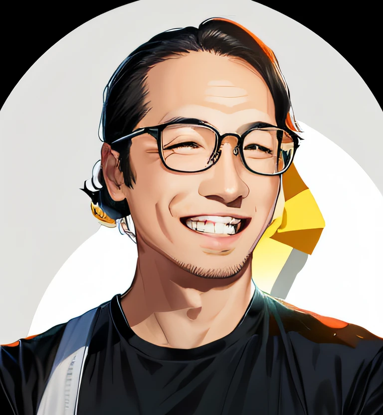 Best Quality、masutepiece、Wearing glasses、Smiling man in black open collar shirt, taken in the early 2020s, You have permed hair in a ponytail