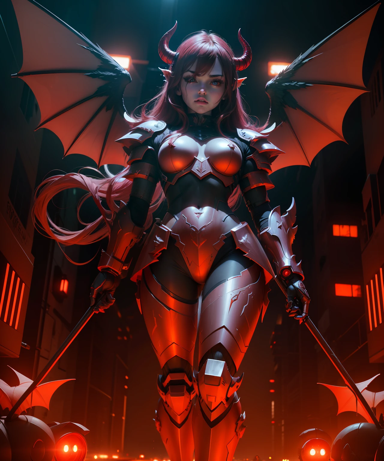(Demon Angel in Heavy Cyber Armor with Bright Red Lights, Horns on the head and large wings in high detail)8K 3D