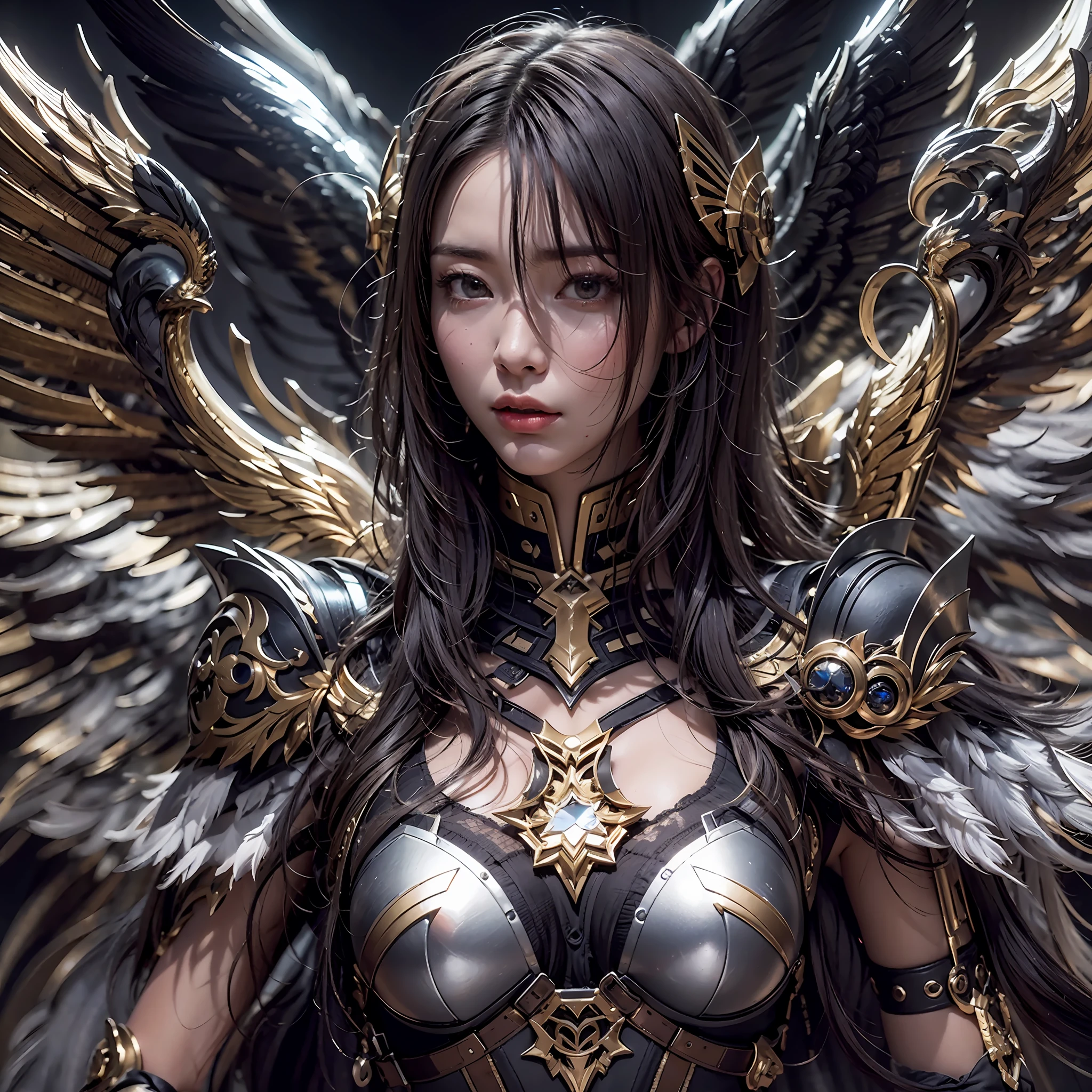 1girll，Dark Angel Warrior，(((On the back there is a pair of large black half-body wings)))，Black titanium，Metal wings，（（Metal wings）），（（Black gold metal armor）），high detal，（beautifulface），Perfect facial features，red tinted hair，Black and gold greatsword，Futuristic technical background，apathy、Aloof、On the high horse，atmospurate、macro，Realistis，hdr（HighDynamicRange）、Ray traching、NVIDIA RTX、Hyper-Resolution、illusory 5、sub surface scattering、post-proces、Anisotropy Filtering、depth of fields、maximum definition and sharpness，Surface coloring、Accurately simulate light-material interactions、perfectly proportions、rendering by octane、largeaperture、Low ISO、White balance、the rule of thirds、8K raw data、lightand shade contrast