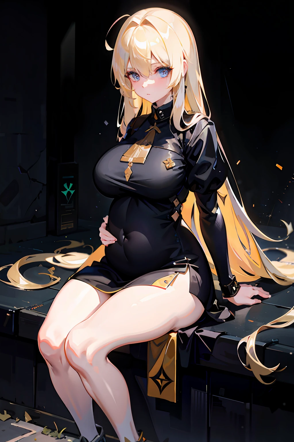 {{tmasterpiece,best qualtiy,extremaly detailed cg,Unity 8k壁纸,cinmatic lighting,lens flare glow}},A girl sitting on the sidewalk with a gun,Thick body,Long blonde hair,greene eyes,Pregnant belly, maternity attire for pregnant women,maternity dress,pregnant belly,Pregnant belly