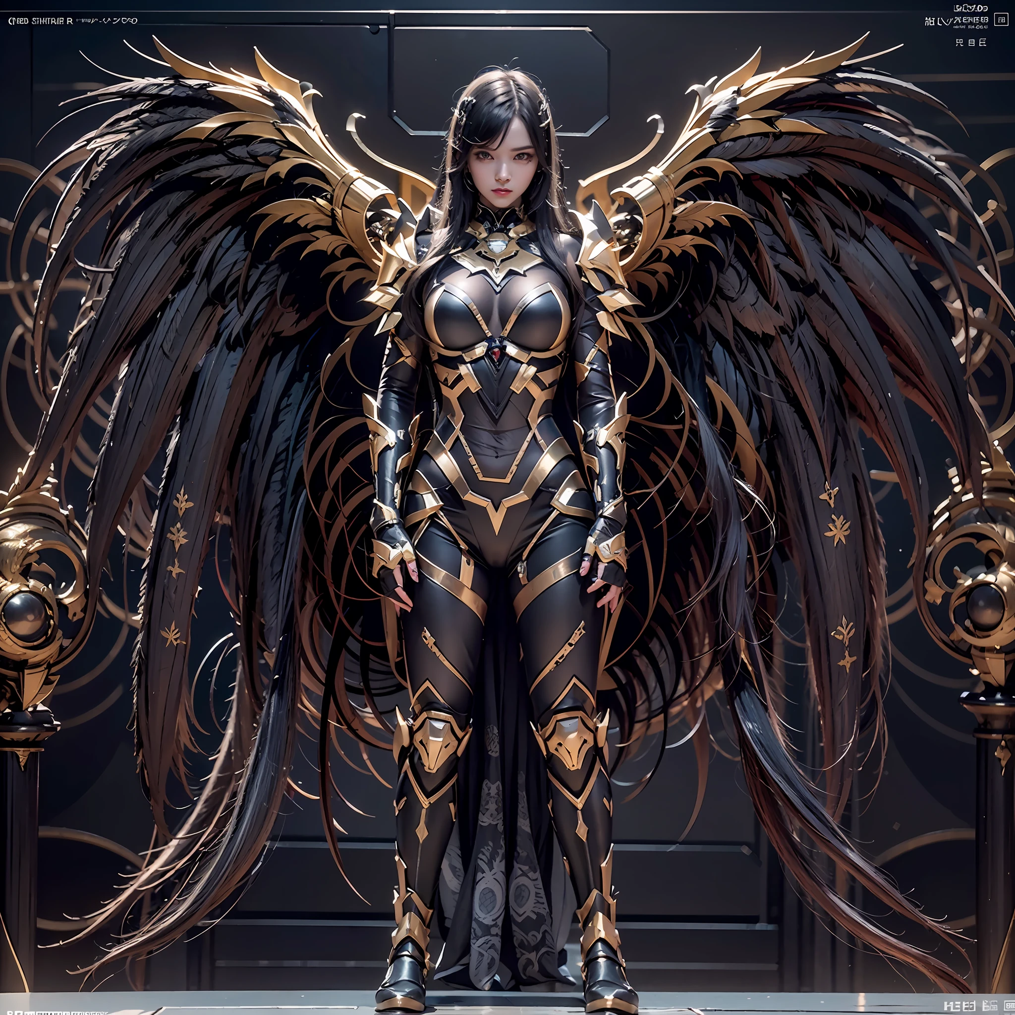 1girll，Dark Angel Warrior，(((On the back there is a pair of large black half-body wings)))，Black titanium，Metal wings，（（Metal wings）），（（Black gold metal armor）），high detal，（beautifulface），Perfect facial features，red tinted hair，Black and gold greatsword，Futuristic technical background，apathy、Aloof、On the high horse，atmospurate、macro，Realistis，hdr（HighDynamicRange）、Ray traching、NVIDIA RTX、Hyper-Resolution、illusory 5、sub surface scattering、post-proces、Anisotropy Filtering、depth of fields、maximum definition and sharpness，Surface coloring、Accurately simulate light-material interactions、perfectly proportions、rendering by octane、largeaperture、Low ISO、White balance、the rule of thirds、8K raw data、lightand shade contrast