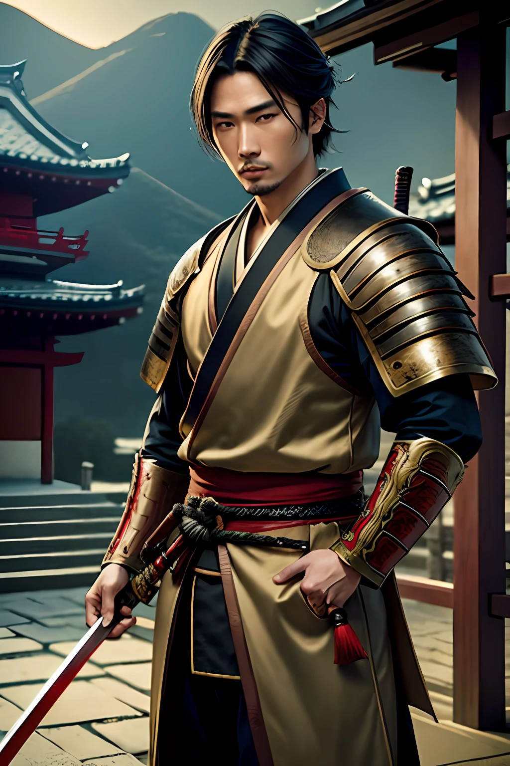 a Man samurai, Best quality,masterpiece,ultra high res,(photorealistic:1.4) ,weapon,Detailed face, 1 men , solo, katana weapon, cleavage,(magic circle:1.2),xiuxian,Beautiful girl, full body, oni mask, east asian architecture,sheath,architecture, samurai, japan, wearing steel armor, carry a long sword, medival, fantasy, high quality, ultra detailed in 4k, 8k, high resolution, fantasy coverart style, fantasy japan medival, sharp focus, depth of field. neutral colors:1.2), (hdr:1.4), (muted colors:1.2), hyperdetailed, (artstation:1.4), cinematic, warm lights, dramatic light, (intricate details:1.1), complex background, (rutkowski:0.66), (teal and orange:0.4)"