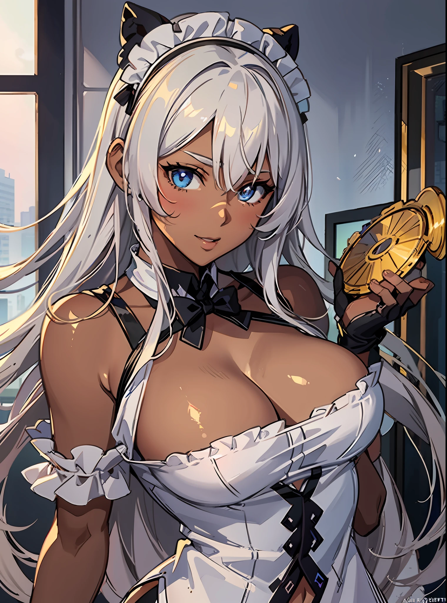 ((((masuter piece、top-quality、Long body、muscular body、well-muscled、large full breasts、Brown skin color、ssmile、Silvery hair、Long hair、Blue glowing eyes、Dynamic Poses、A look of shame、maid clothes))))、(((((Black skin))))),((((darkskin)))),((sun burn))、Realistic skin type、an anime girl、Detailed Digital Anime Art、A seductive anime girl、extremely detailed art germ、a hyperrealistic schoolgirl、Ilyakukvshinov、Smooth Anime CG Art、Ultra Realistic Woman、ig model、ArtGerm、photo-realistic anime girl、digital anime art