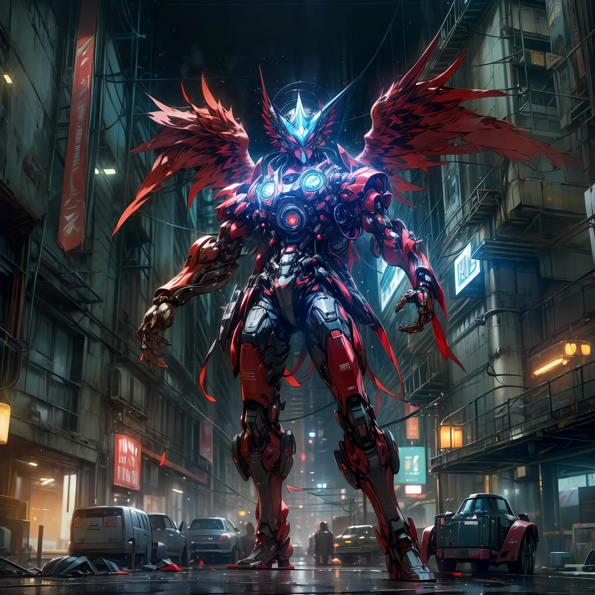 (anthropomorphism:1.5),(Full Body Shot), Cyberpunk, In the middle, 1 Red rooster mecha(Mechanical style Red rooster head, Blue glowing goggles, Gas mask, Upward unfolding mechanical wings), Standing on two legs, mechanical miracle, damaged Machine element,nobody, Moonlight, Dreamy Glow, ruined city, ( Global illumination, raytracing, HDR, unreal render,reasonable design, masterpiece, best quality, UHD, Cinematic Lighting)