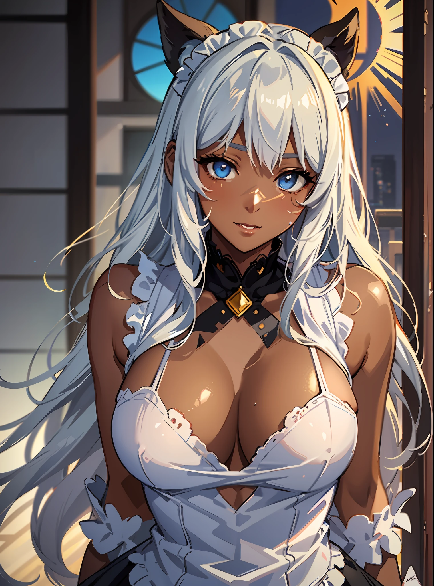 ((((masuter piece、top-quality、Healthy images、Long body、large full breasts、Brown skin color、ssmile、Silvery hair、Long hair、Blue glowing eyes、Dynamic Poses、A look of shame、maid clothes))))、(((Very marked camel toe)))、Happy look、(((((Black skin))))),((((darkskin)))),((sun burn))、Realistic skin type、an anime girl、Detailed Digital Anime Art、A seductive anime girl、extremely detailed art germ、a hyperrealistic schoolgirl、Ilyakukvshinov、Smooth Anime CG Art、Ultra Realistic Woman、ig model、ArtGerm、photo-realistic anime girl、digital anime art