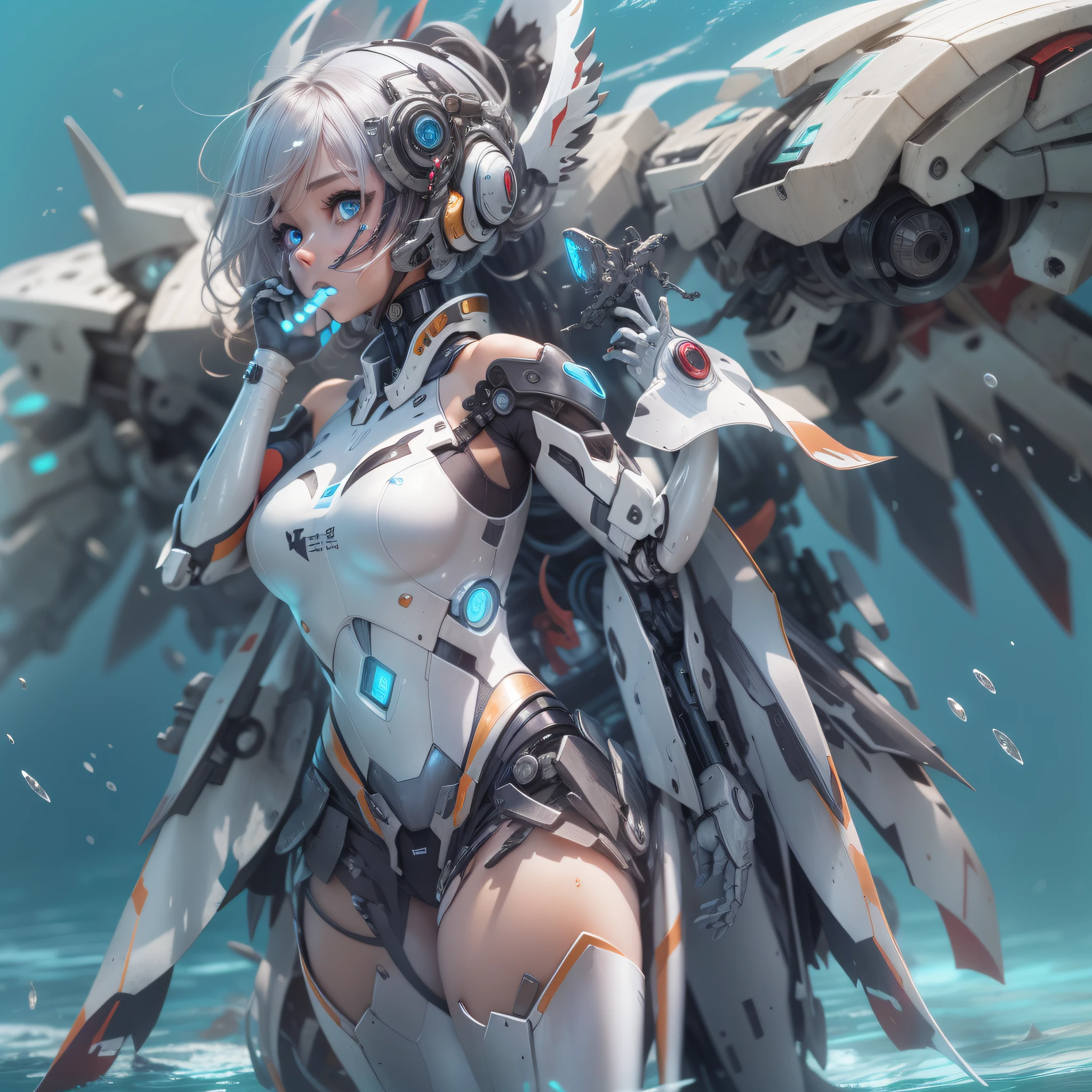 (masterpiece), best quality,{full body},((1 girl)),((beauty detailed eye)),{mecha,huge_filesize},(bare shoulders),science fiction,highly detailed,illustration,extremely detailed CG unity wallpaper,submerge,cinematic lighting,dramatic angle,{{beautiful face}},posing,caustics,fine water surface,,Mechanical wing,Metal wings,Mecha wing,{mecha clothes},robot girl,beautiful detailed face,