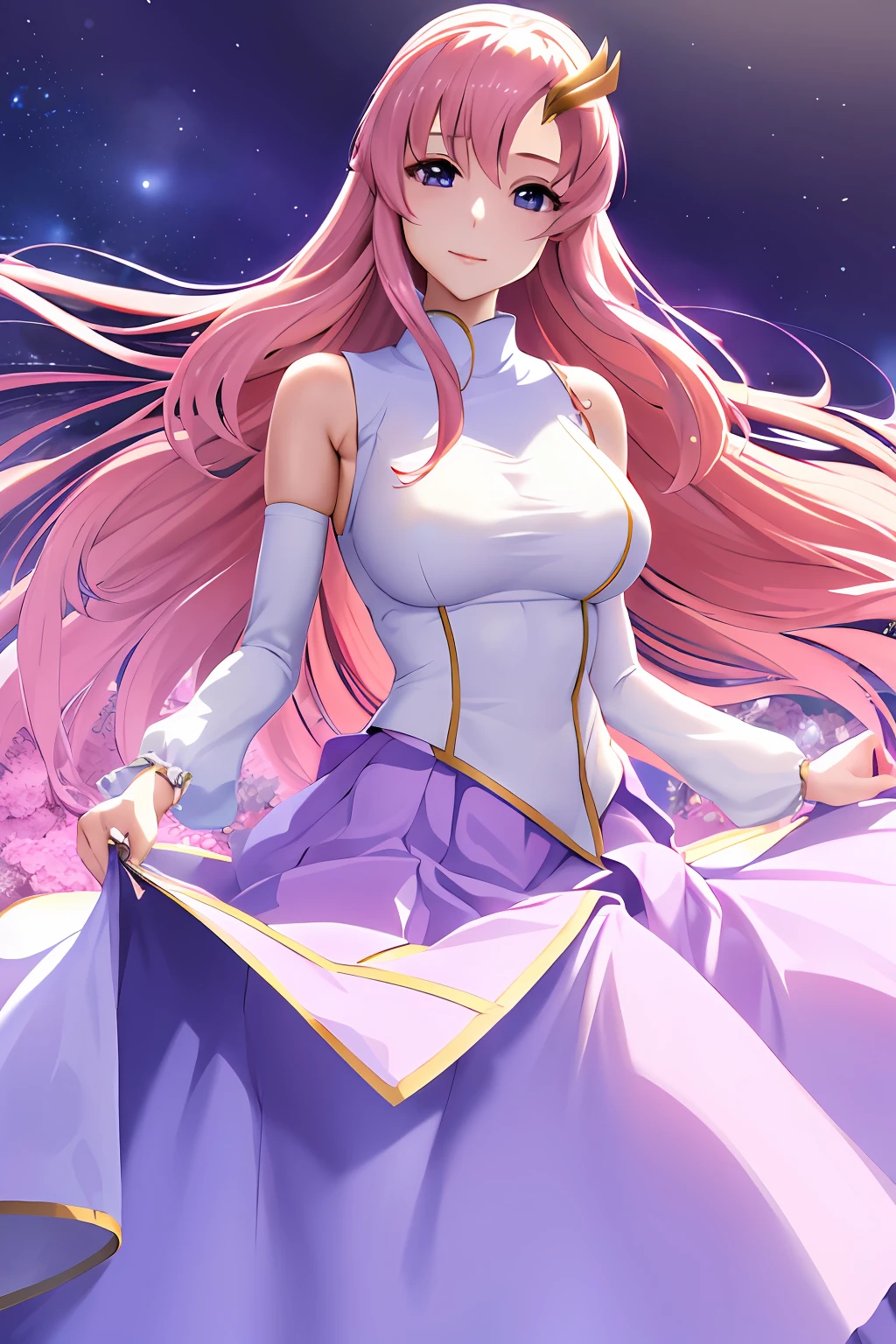 masterpiece, best quality, highres, anime, lacus1, 1girl, solo, lacus1, 1girl, solo, pink hair, straight hair, hair ornament, white detached sleeves, blue eyes, white dress, purple skirt, long skirt, very long hair, bare shoulders, large breasts, (skirt lift:1.3), vagina, nipple
