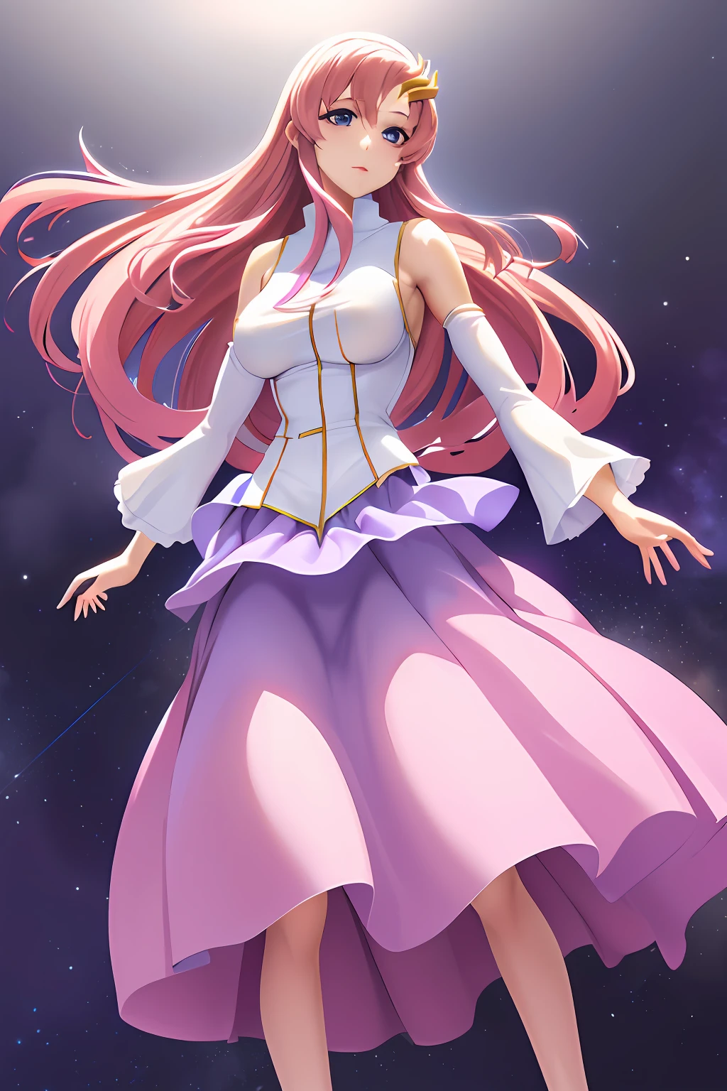 masterpiece, best quality, highres, anime, lacus1, 1girl, solo, lacus1, 1girl, solo, pink hair, straight hair, hair ornament, white detached sleeves, blue eyes, white dress, purple skirt, long skirt, very long hair, bare shoulders, large breasts, (skirt lift:1.3), vagina, nipple