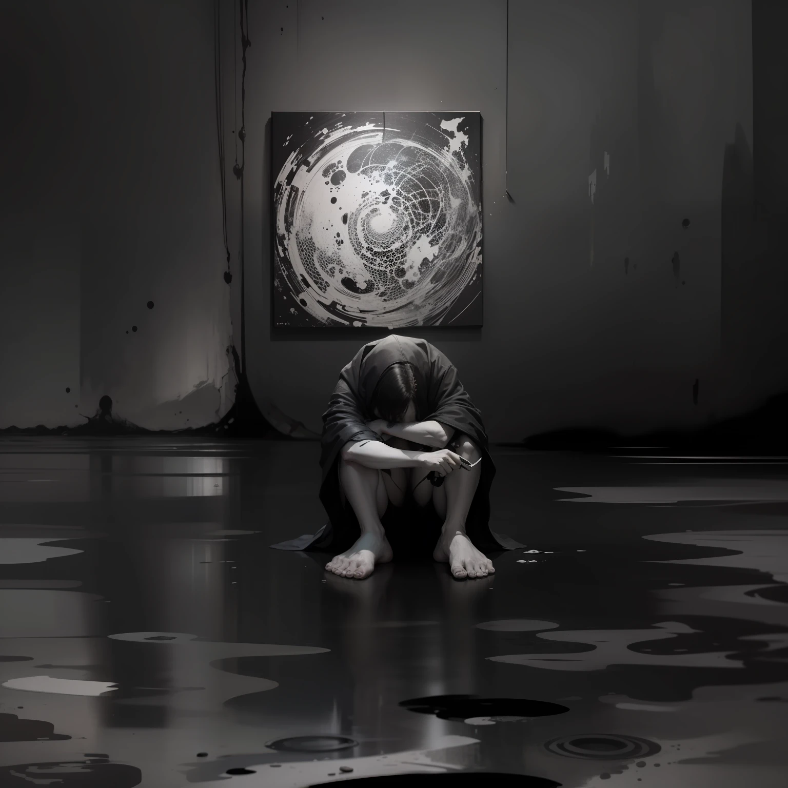 Character with depression, abstract setting, Preto e branco, monstros no fundo