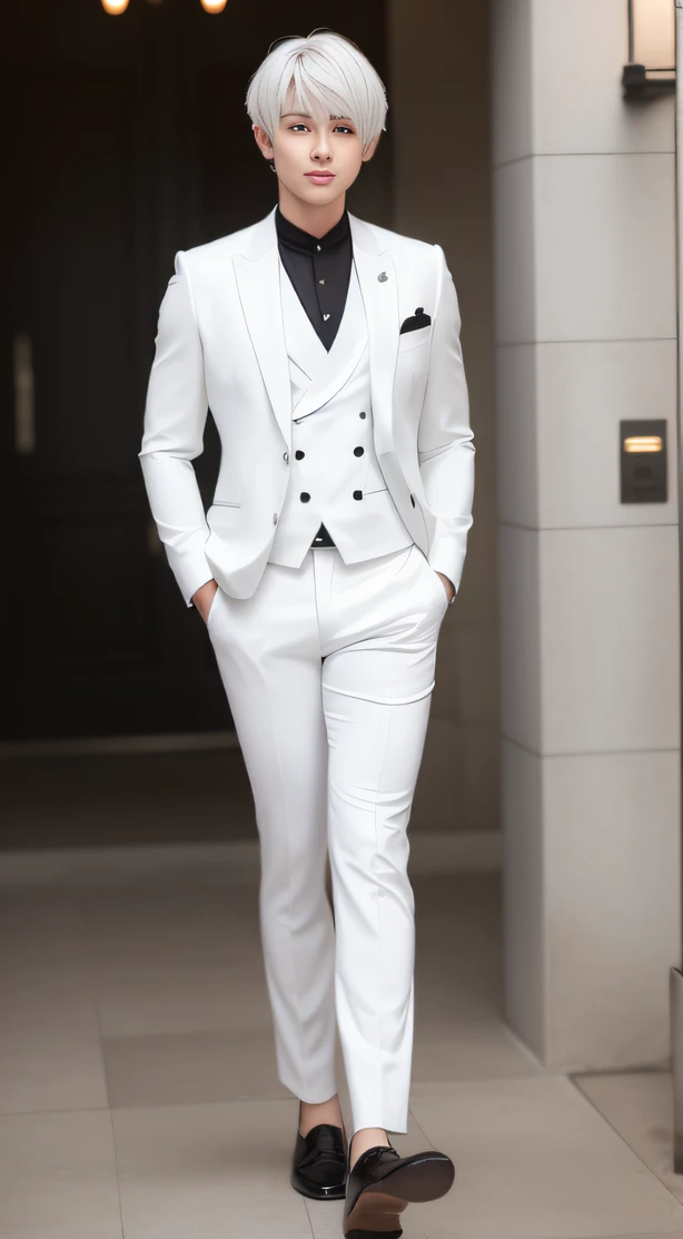 Handsome man with mushroom hair in white suit, white  hair,High Nose,Prince, High-quality images,fullbody image,Leather shoes,both hands over,Looking at the front,a smile,refreshing