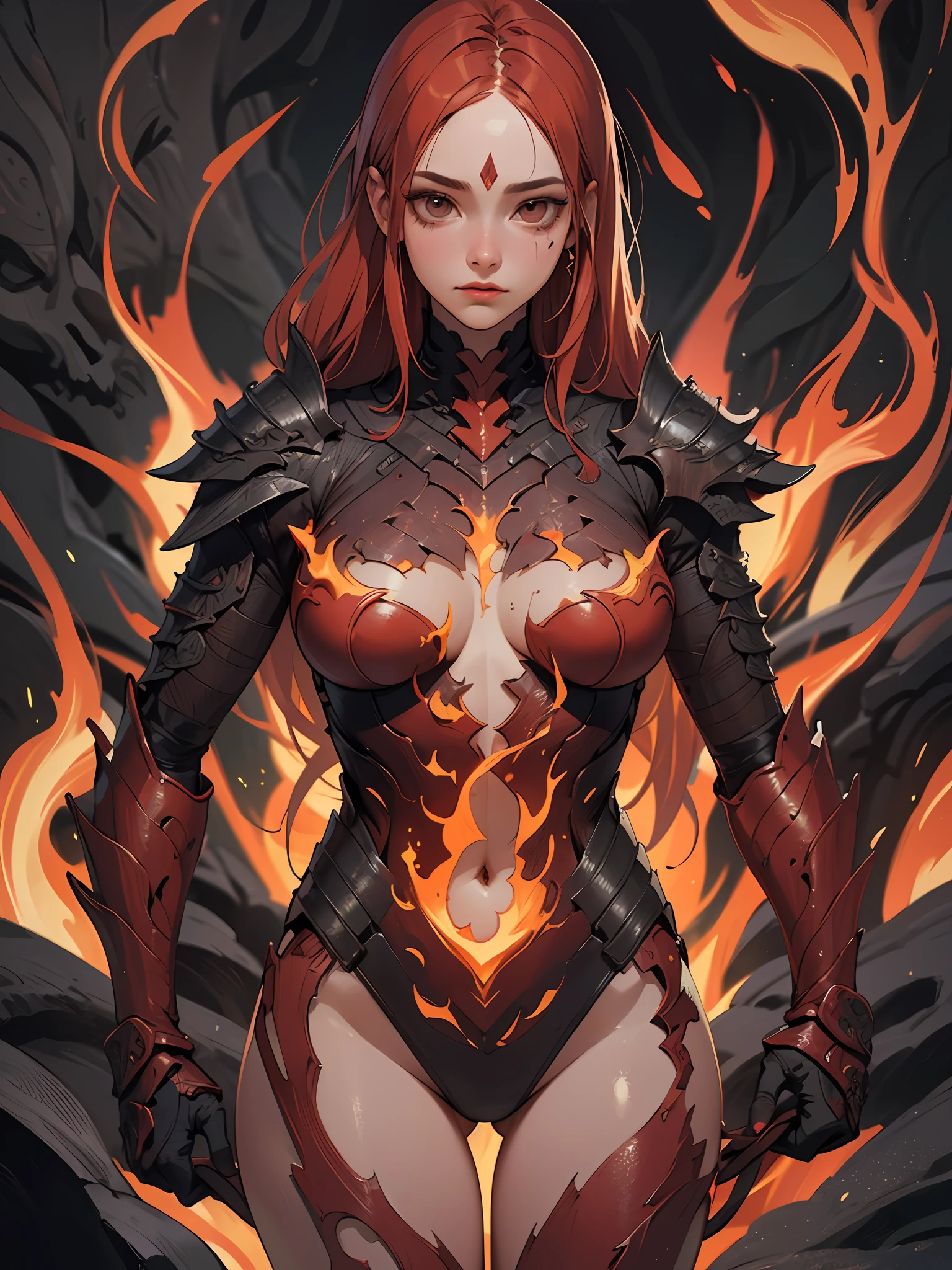 (Artwork of exceptional craftsmanship),(Detailed illustrations,(Very ideal anatomy),Very detailed and detailed drawing,Delicate lines with slow and rapid,(Realistic texture expression)),[Color tressed main line],[Lava cave background [Hot hell:0.4]],HENAI ANIME (Red-skinned DemonGirl 19 years old slender muscular) Flame hair (Devil's Knight:0.8),(Bone armor [crack in the chest:0.6] [Blade of Fresh Blood:0.4]) (edg),[[Dark Fantasy]],(Perfectly proportioned),(Fine and beautiful skin expression [realistic skin detail]),[Design built to the highest level,[Advanced structural understanding of materials],Ideal color coordination],(Intricate and beautiful decoration [Dense detail]),(More on shiny hair),[Perfect hand details [Beautiful Finger]],(Beautiful perfect face [Realistic face details]),[Clear gaze],[long and beautiful eyelashes],[Perfect eye details (Eyes beautifully drawn down to the smallest detail)],(detaileds,high-detail),([Precision Detail],[multi-layer texture],HighQuality,hight resolution),[(Accurate simulation of light-material interactions),Understanding Airflow,Mechanically correct representation],[Visual art that conveys a sense of narrative] [Full body like],[[Desaturation]].