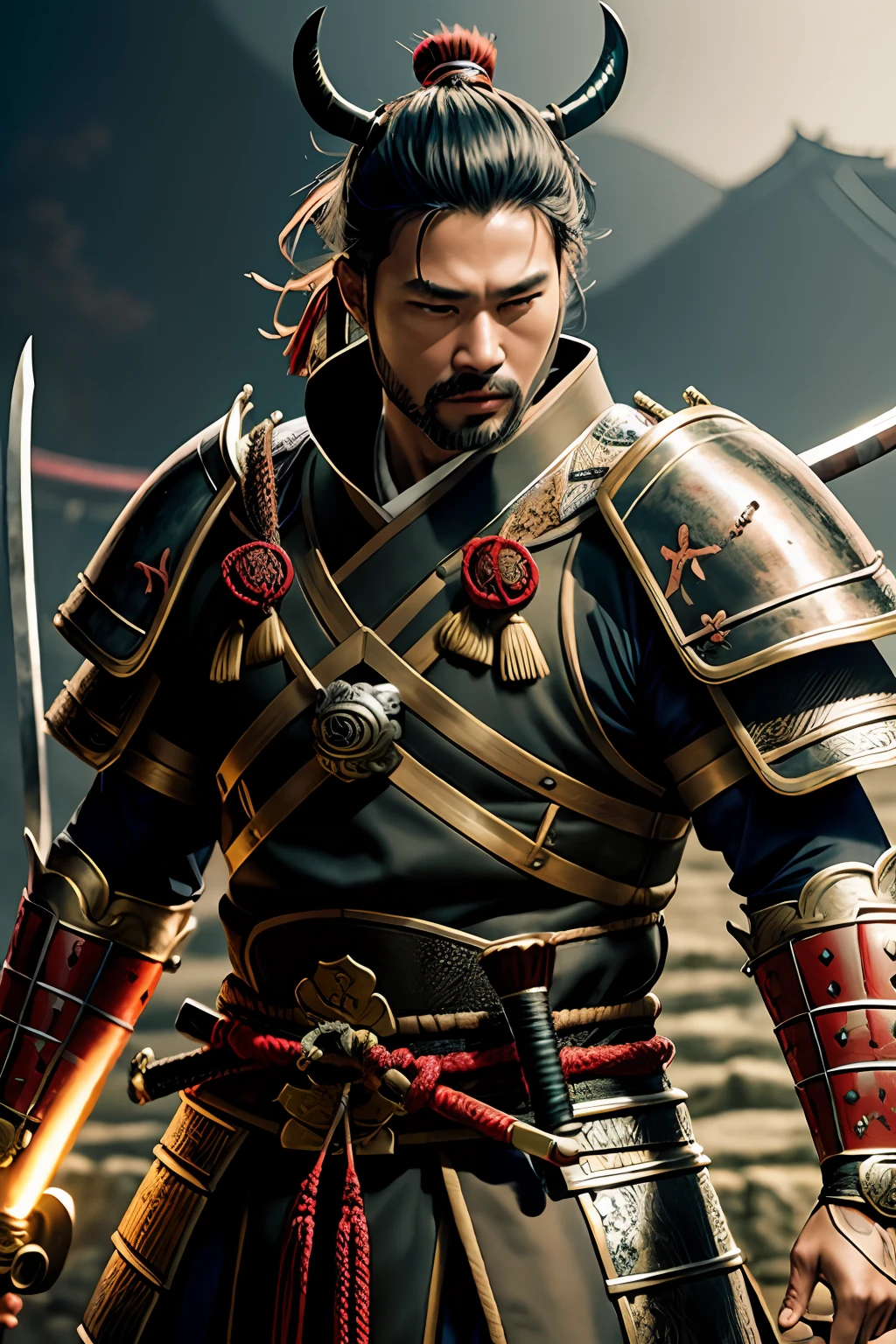 a Man samurai, oni mask, Best quality,masterpiece,ultra high res,(photorealistic:1.4) ,weapon,Detailed face, 1 men , solo, katana weapon, cleavage,(magic circle:1.2), full body, oni mask, east asian architecture,sheath,architecture, samurai, japan, wearing steel armor, carry a long sword, medival, fantasy, high quality, ultra detailed in 4k, 8k, high resolution, fantasy coverart style, fantasy japan medival, sharp focus, depth of field. neutral colors:1.2), (hdr:1.4), (muted colors:1.2), hyperdetailed, (artstation:1.4), cinematic, warm lights, dramatic light, (intricate details:1.1), complex background, (rutkowski:0.66), (teal and orange:0.4)"