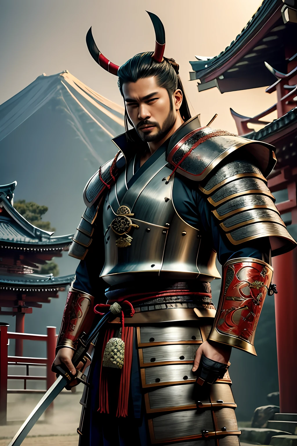 a Man samurai, oni mask, Best quality,masterpiece,ultra high res,(photorealistic:1.4) ,weapon,Detailed face, 1 men , solo, katana weapon, cleavage,(magic circle:1.2), full body, oni mask, east asian architecture,sheath,architecture, samurai, japan, wearing steel armor, carry a long sword, medival, fantasy, high quality, ultra detailed in 4k, 8k, high resolution, fantasy coverart style, fantasy japan medival, sharp focus, depth of field. neutral colors:1.2), (hdr:1.4), (muted colors:1.2), hyperdetailed, (artstation:1.4), cinematic, warm lights, dramatic light, (intricate details:1.1), complex background, (rutkowski:0.66), (teal and orange:0.4)"