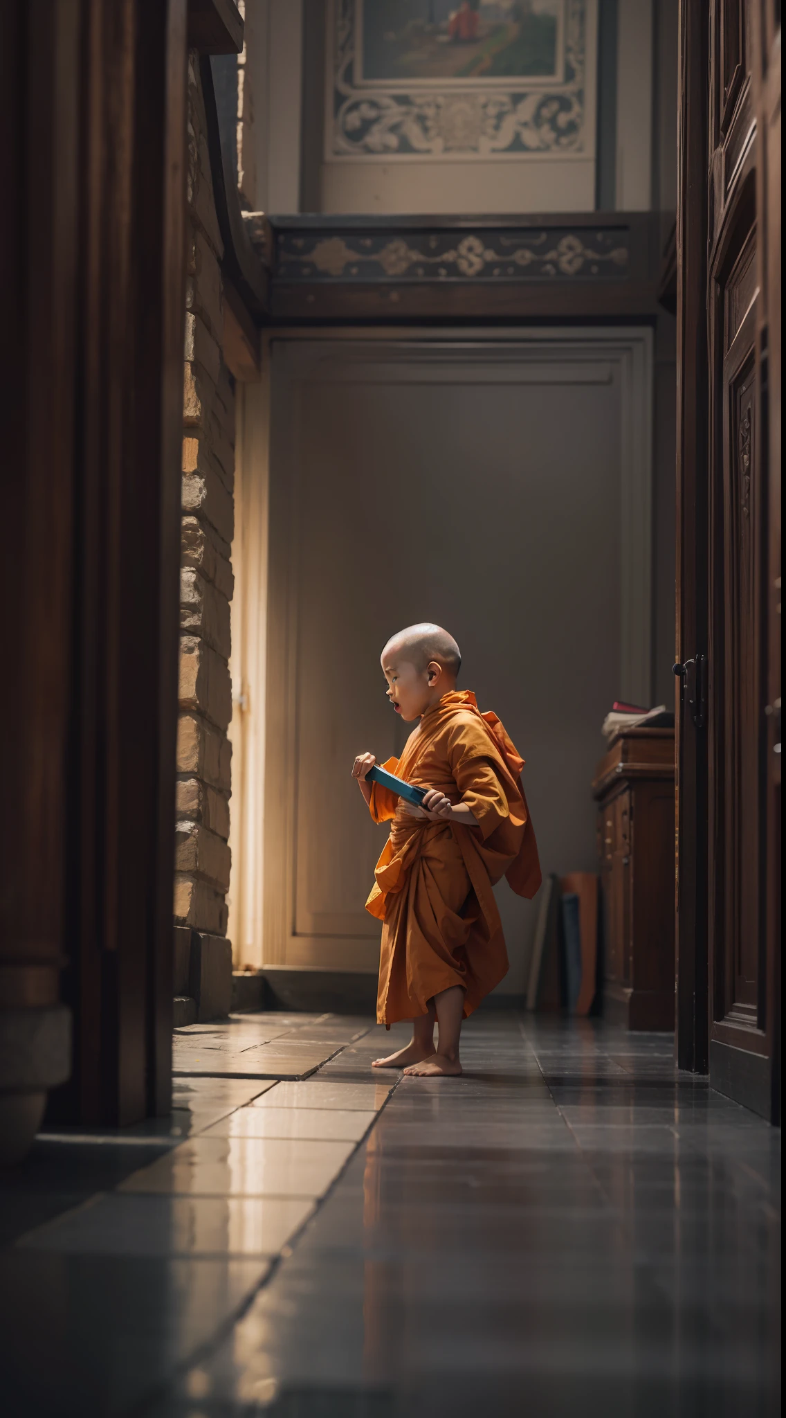 A small monk,Chanting,photorealestic,Positive perspective