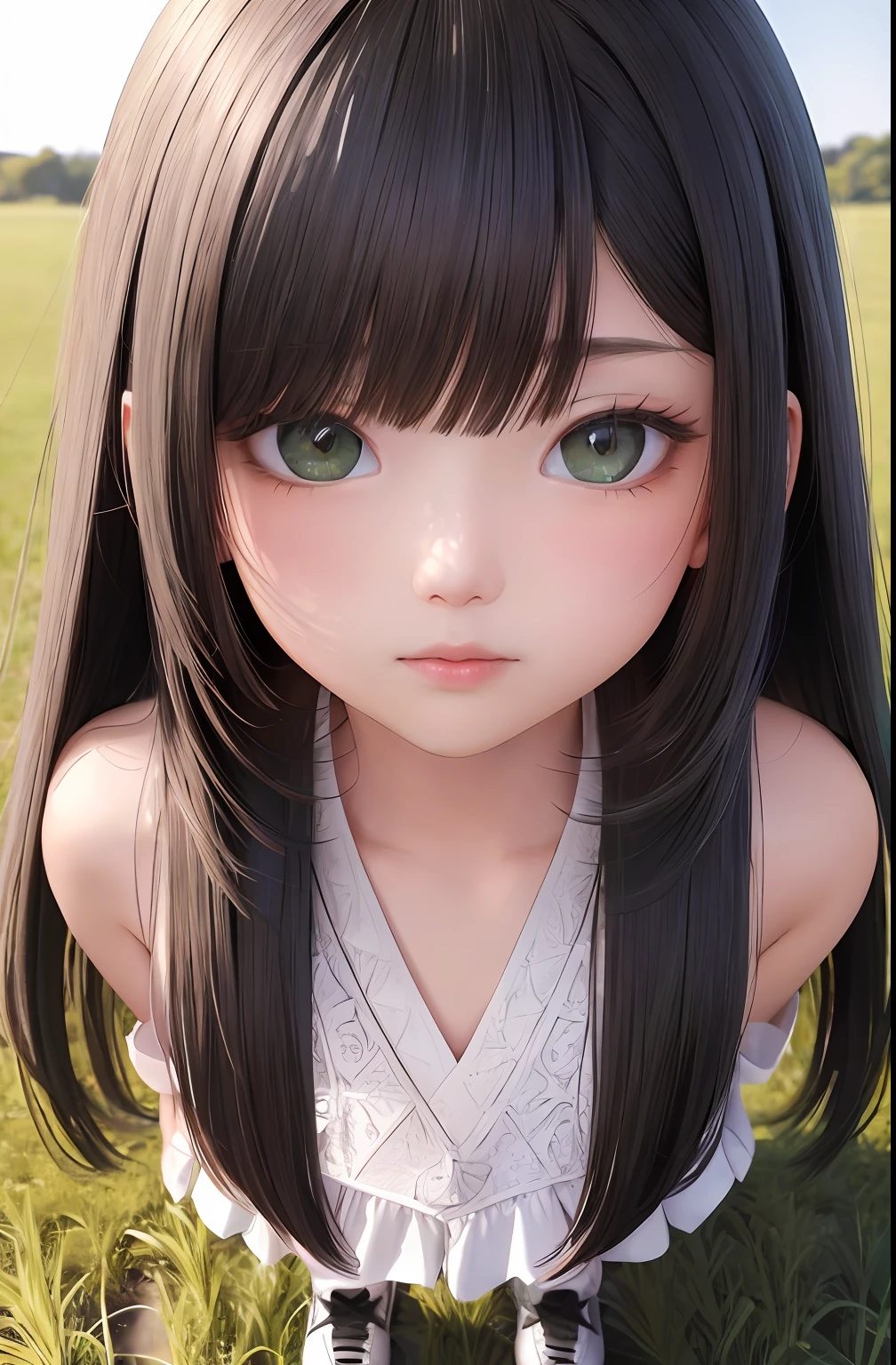 (photorealistic), (realistic),
volumetric lighting, silky_hair,
(straight hair), blush,
(green eyes), (detailed_eyes),
extremely detailed illustration of a japanese girl, young, underage
black hair, wearing running shoes, standing on a grass field, cowboy shot, contrapposto, looking at viewer, highres, superb, 8k wallpaper, extremely detailed, intricate, soft lighting, 4k, smooth lighting, 8k, depth of field, masterpiece, smooth focus, hyper detailed, detailed eyes, eyes focus, (mid shot:1.25), (portrait:1.25), (solo:1.2), (beautiful face:1.15) cute_style rfktr_bwmnga
