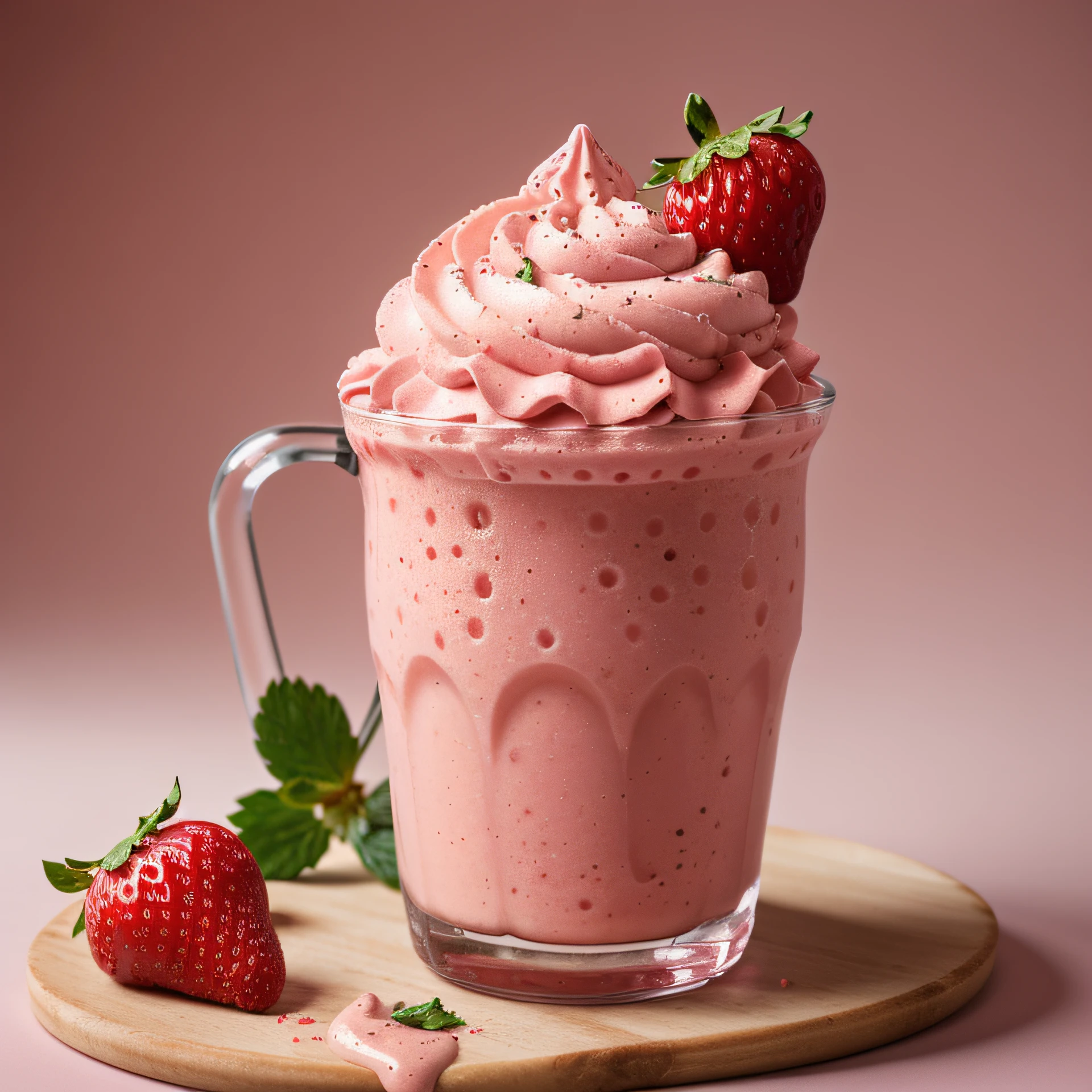 RAW photo, strawberry milkshake, food photography, professional colour grading, soft shadows, no contrast, clean sharp focus, food photography,