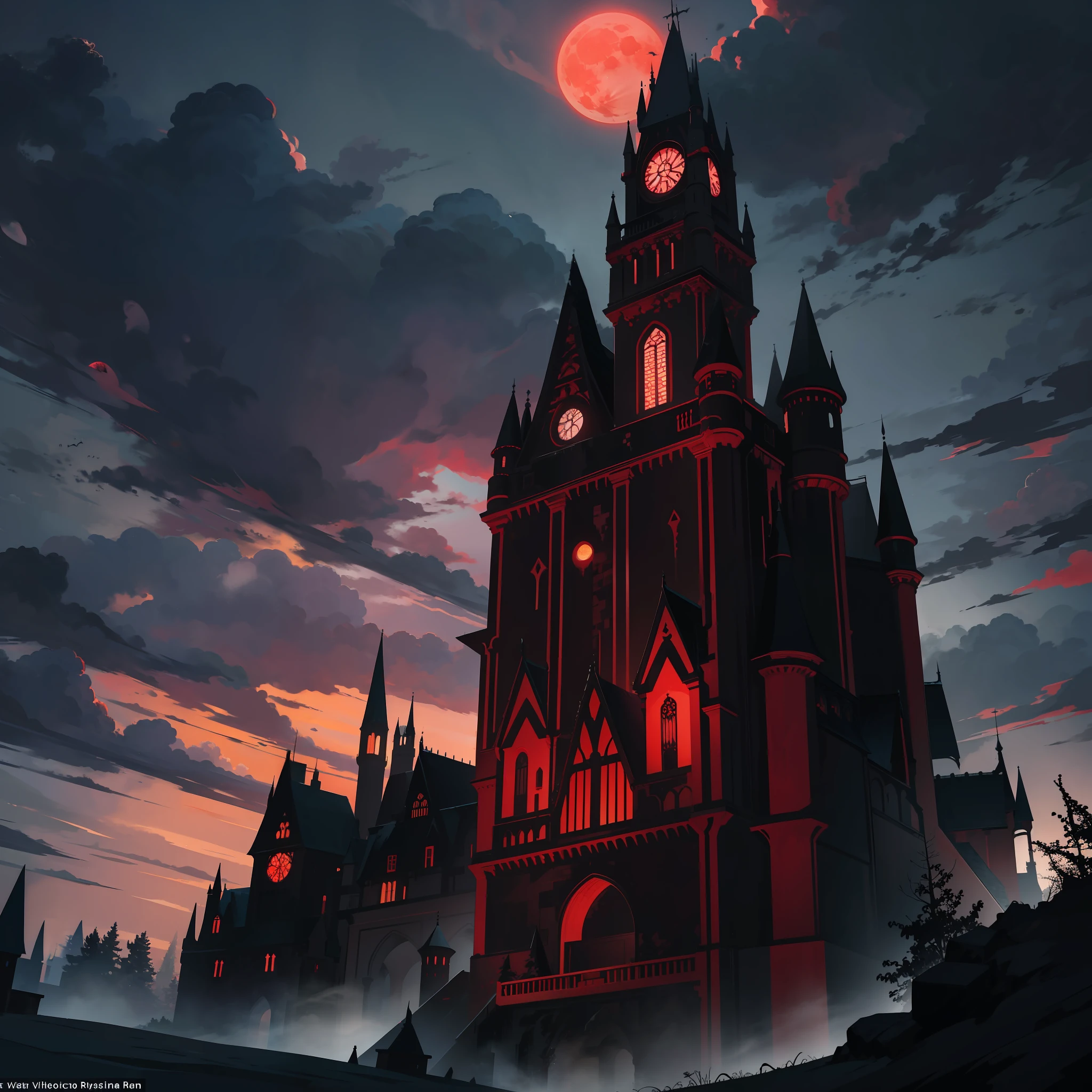 the dark gothic castle owned by a vampire looms in the distance of the night on top of a hill its nighttime and the sky is dark and eerie with a red moon shining behind as well as thunder and lighting from a thunderstorm