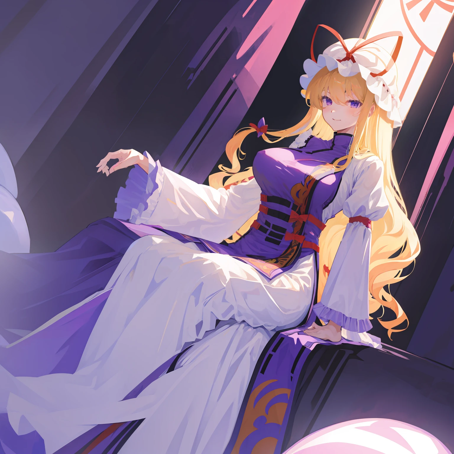 , Touhou Project、Yakumo purple、Yakumo Yukari、illustratio, 1 girl, Solo, Long hair,fullnude、a blond、爆乳、On the bet、Sit up