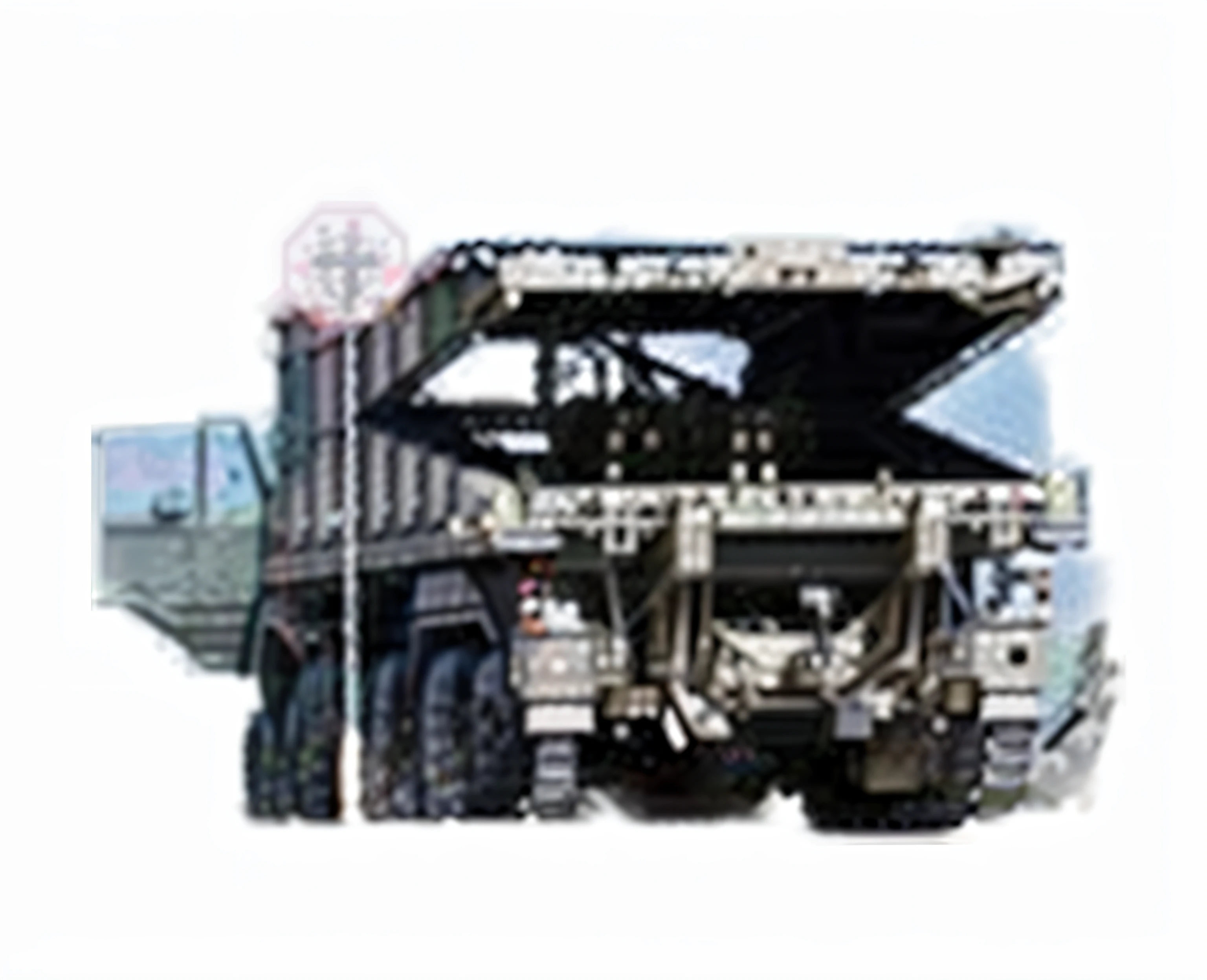 There was a big truck parked in front of the building, military carrier rig, trucks, Mechanical superstructure, Mechanized transportation, himars, Extremely quality, Military vehicles, tanks, highly mechanical, automated defence platform, tanks, center framing, exploitable image, complete scene, highly technical, Military equipment, Full front view, Close view,超高分辨率,The is very detailed,8k wallpaper