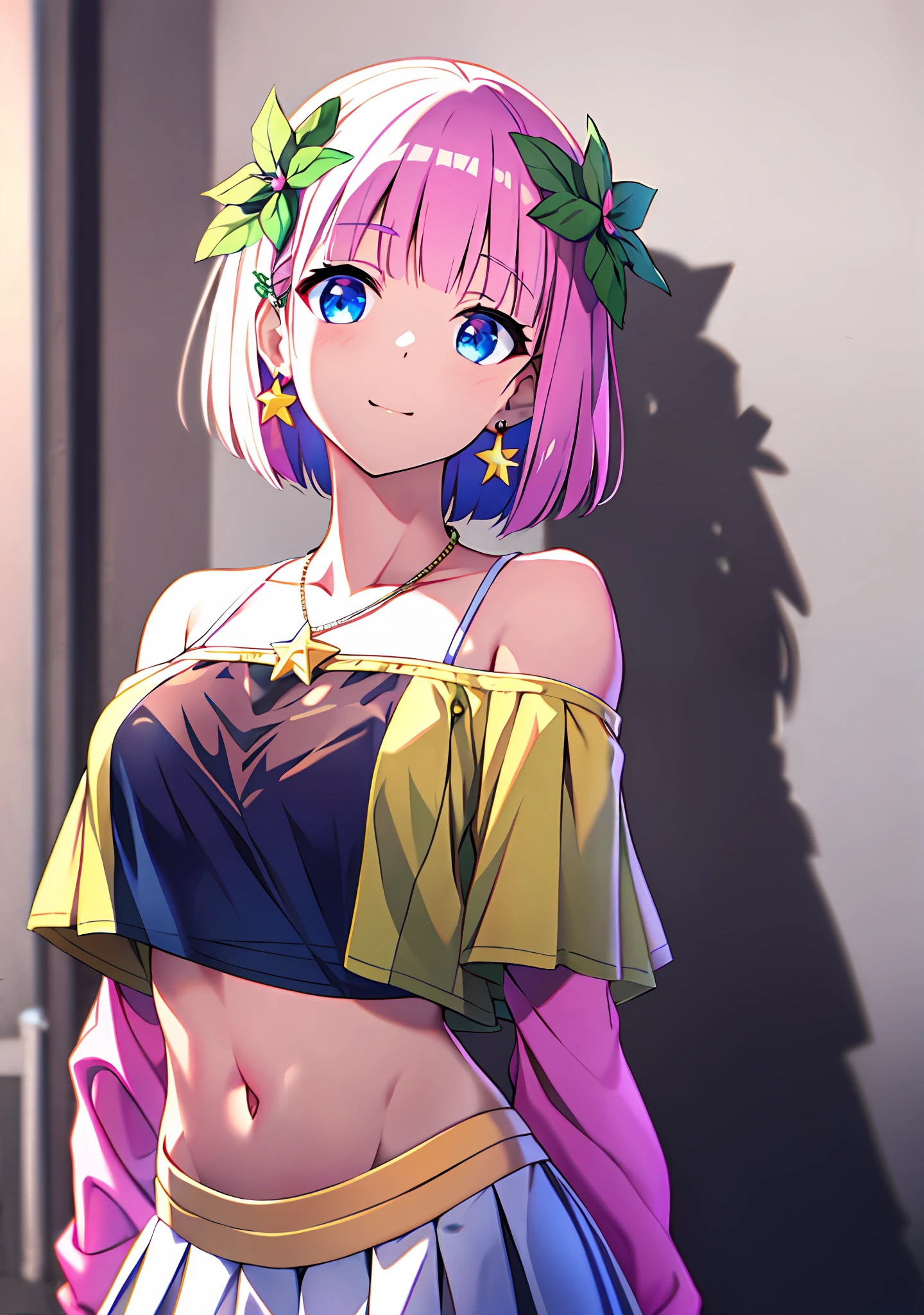 （（tmasterpiece））， best qualtiy， illustratio， The is very detailed， Off_Shoulder，dampness， （see through_White_Colorful_Lettered_tee shirt）， Purple Bob hair，Pink_flower_hair pin，Blue_Eyes，navel，The Arm_arms  cuffs，Star pendant earrings，pleated_Miniskirt，Gorgeous light and shadow，Wear a garland on your head