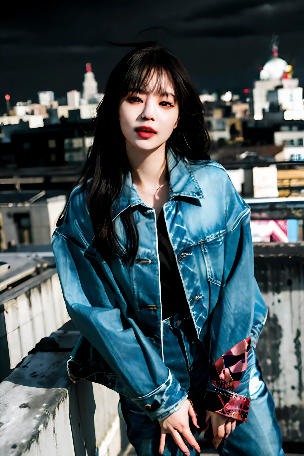 1girl, stylish outfit, fitted jeans, oversized jacket, fashionable accessories, (realistic detailed eyes, natural skin texture, confident expression), cityscape backdrop, rooftop or high-rise balcony, dynamic composition, engaging pose, soft yet striking lighting, shallow depth of field, bokeh from city lights, sharp details, highly detailed, hyper-realistic, 50mm lens, naturally blurred background.