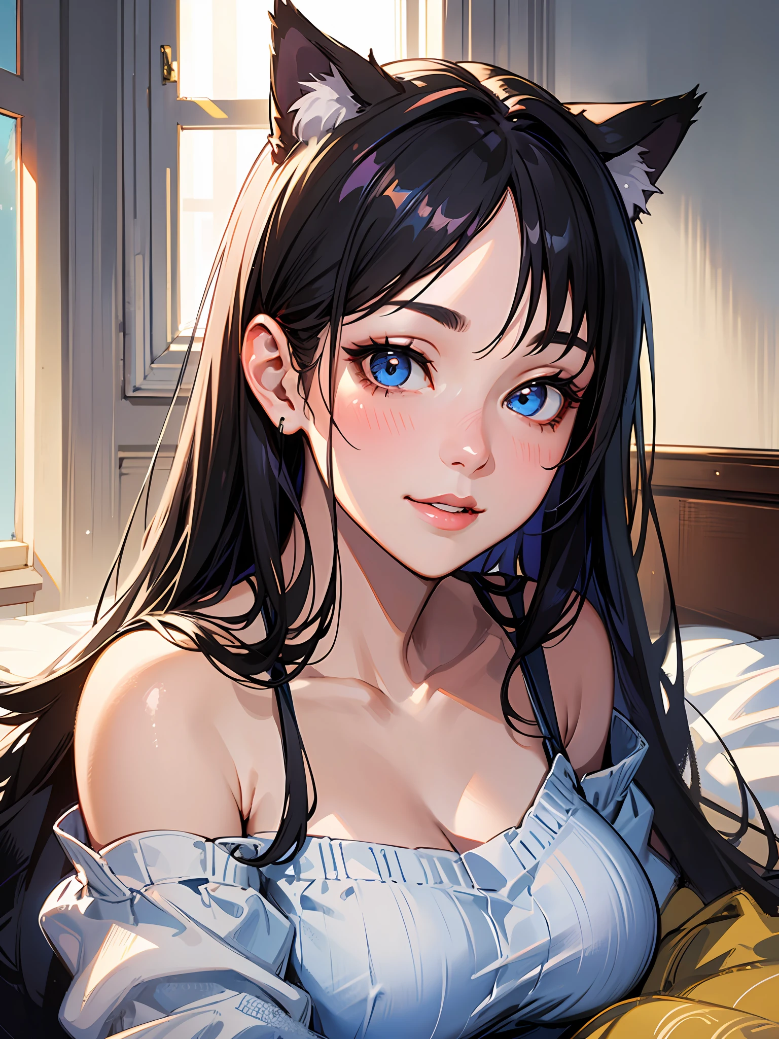 one-girl，Cat ears，simplicity，Beautiful and delicate，Long black hair，Sweet smile，Delicate and beautiful fair skin，Realistic and realistic，exquisite and complete facial features，Detailed depiction of the face，Pink lips，Resolution of 8K，Exquisite facial features，perfect  face，Glowing skin，high detal，Higher quality，wolf women，largeeyes，long eyelasher，Blushlush，White messy hair，Blue contact lenses，Light yellow puff sleeve shirt，Grey Stockings，Home environment，sit on a bed，The afternoon sun shines through the windows