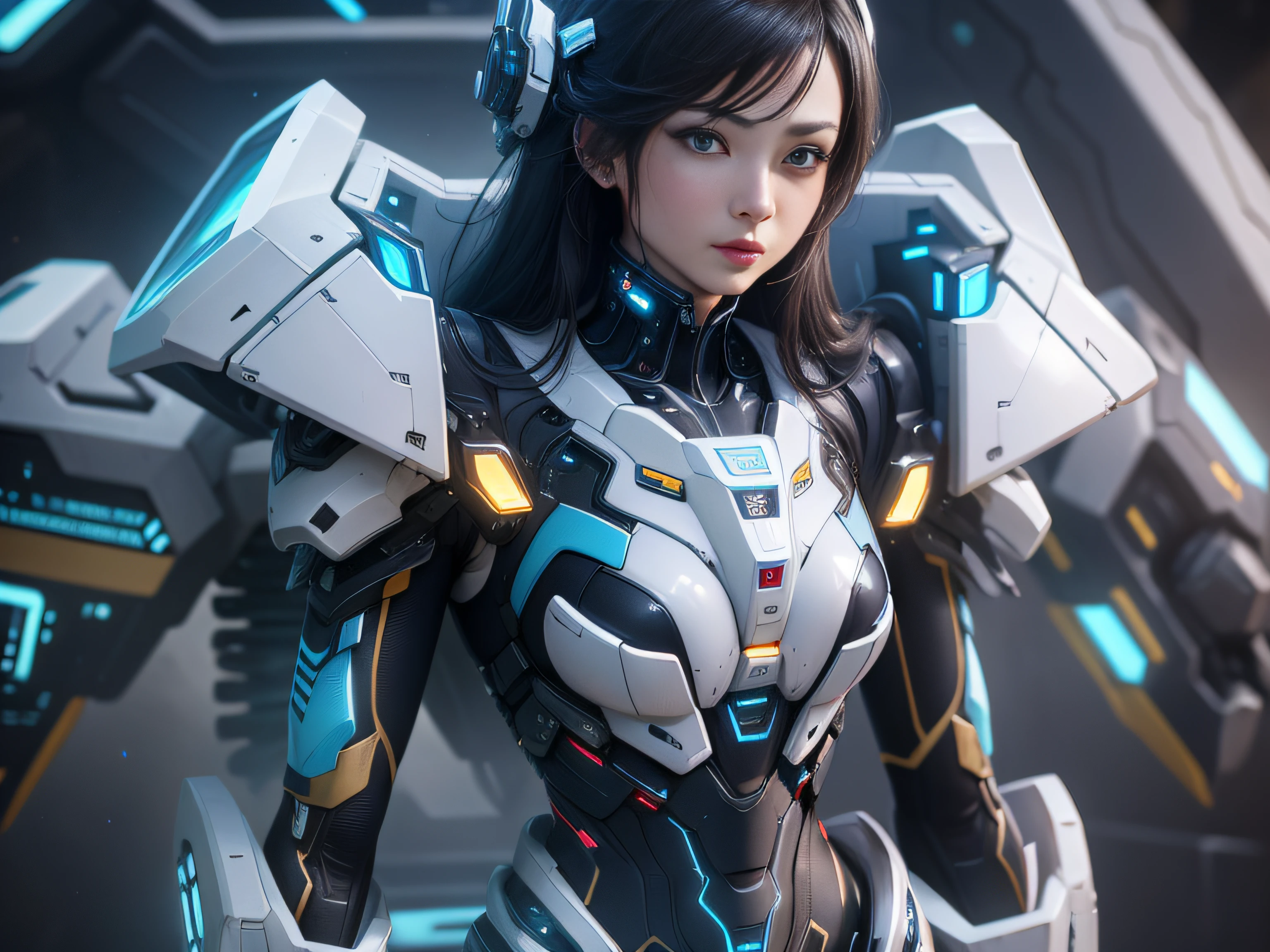 Highest image quality，Outstanding details，超高分辨率，（Fidelity：1.4）, Favor the details，closeup cleavage，The background is a scene of cosmic starlight，High-tech ships fly in the background，He has a delicate and beautiful face，（（Blue-white semi-mechanical body：1.8）），High-tech mecha weapons，Raised sexy，frontage，cyber punk perssonage，Futuristic，mechanically aesthetic，Virtual Engine 5，Perfect detail rendering，rendering by octane，hyper HD