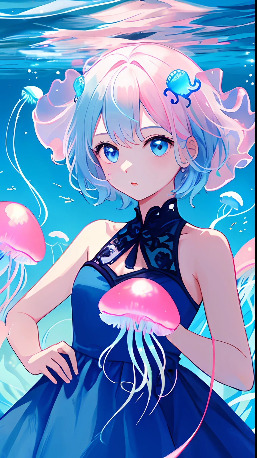 teens girl，light blue short hair，The ends of the hair are slightly white，A pale pink jellyfish on top of the head，Blue eyes，quadratic element， Blue-pink dress。The background is inside the ocean，jelly fish，delicated