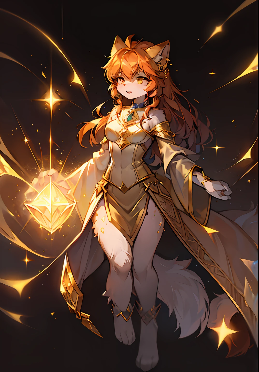 Masterpiece, 4k wallpaper, Cinematic light, absurderes, protrait 1girl, amber hair, Silver earrings, (little crystal floating:0.6), Crystal floats, particle glowing, Dreamy gold costume,shaggy,Furry female,Fluffy tail,canid,Full Body Furry