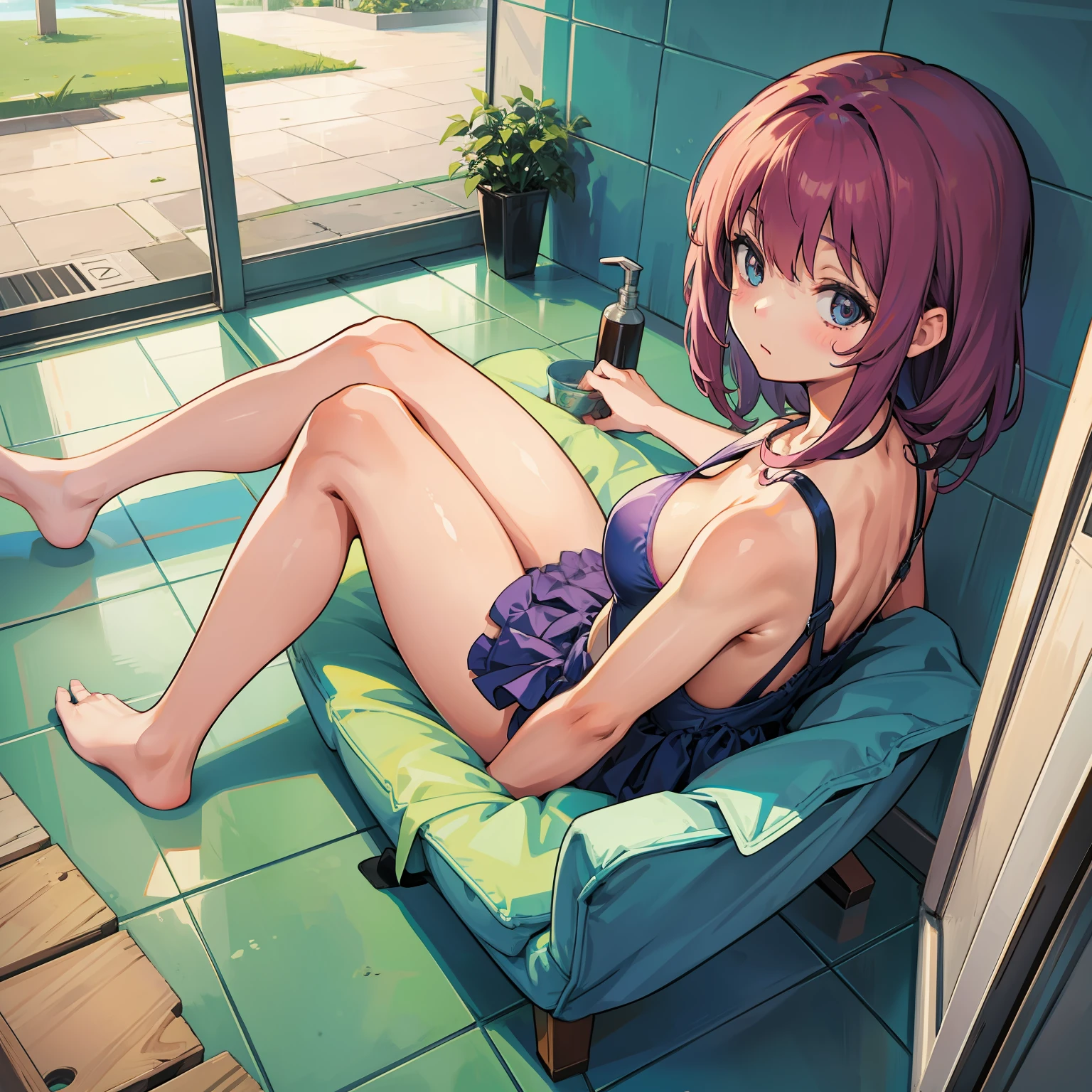 Sitting in the bathroom　Little girl in swimsuit breasts