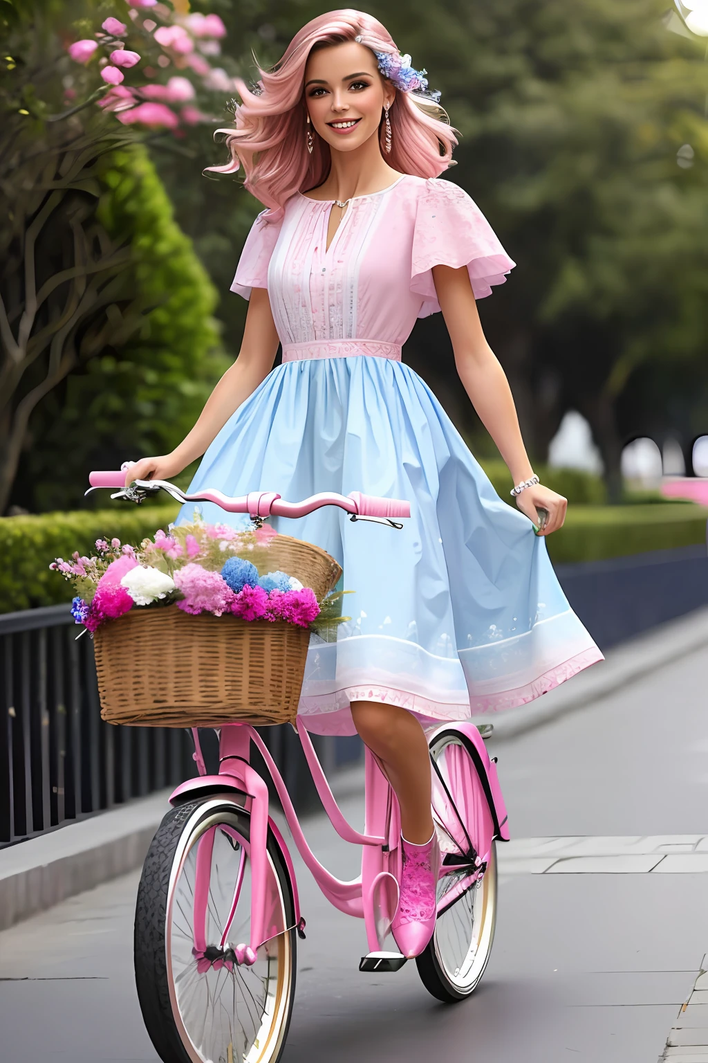 (64k, foto RAW, melhor qualidade, obra-prima: 1.2), ultra-detalhado, arte formal, fotorrealismo: 1.37, foto na parte superior do corpo, mulher  ((Jordana,beleza, BARBIE,smiling and he smiles, pose sentada em uma bicicleta Pink,azul),num vestido lindo florido azul,pink e Rosa de alfaiataria ,repleta de flores rosa)muitas flores coloridas),cabelo rosa,,detalhes