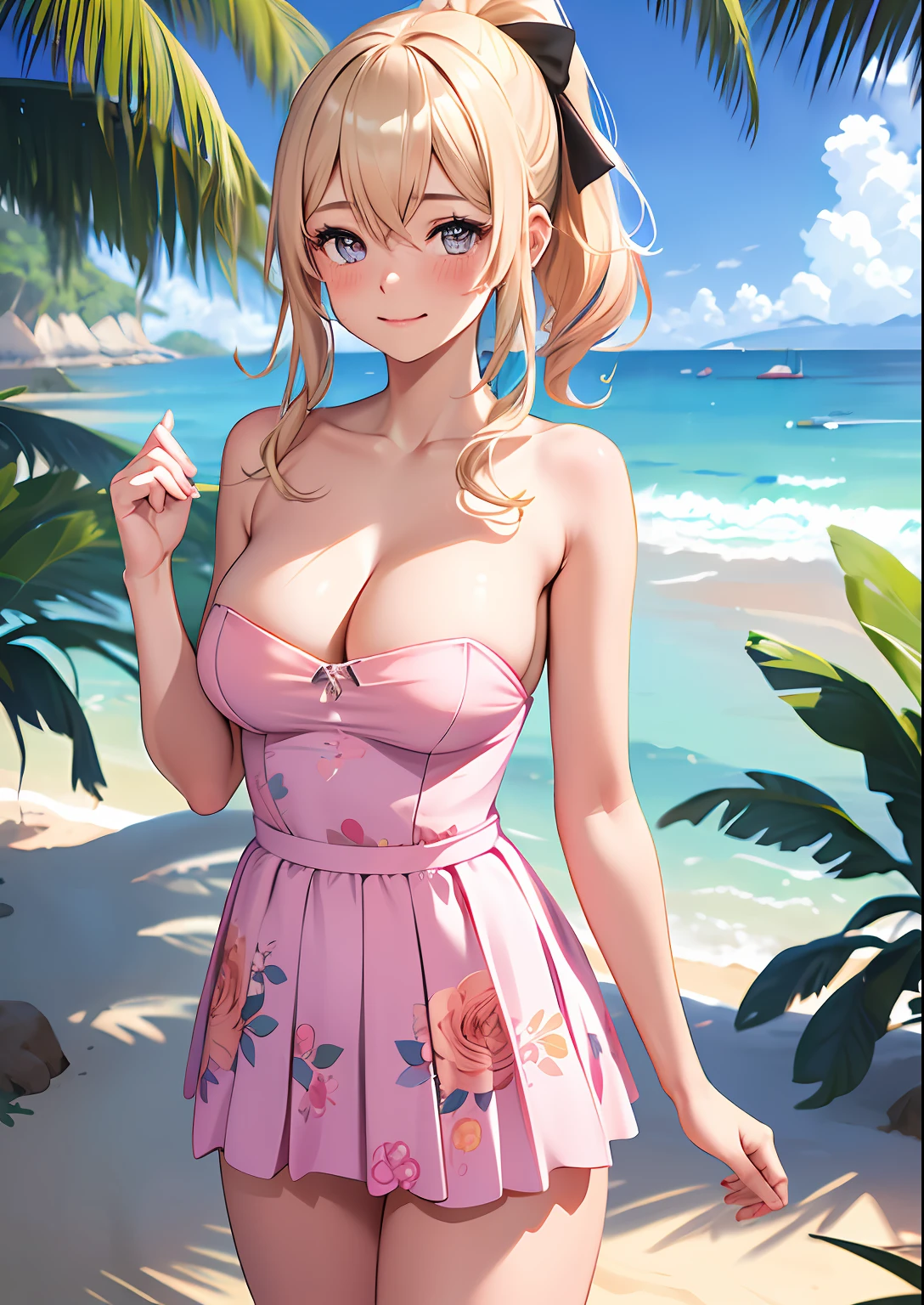 1girl, adult woman, (Naked: 1.4), (Blushing:1.4), (Loose strapless dress without pleats, flowing, lifting skirt with hands, floral print, ), blushed, Smile, Cowboy Shot, Slim body, Small breast, small boobs, Full Body, glowing skin, detailed face, detailed eyes, Detailed background: Beach and palmtrees, summer