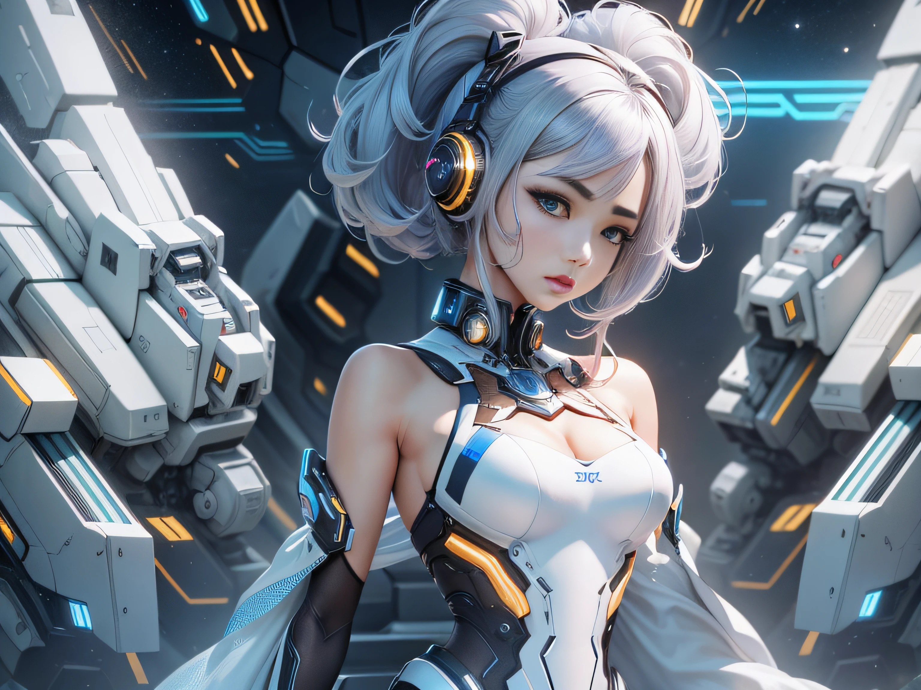 Highest image quality,Outstanding details,超高分辨率,(Fidelity:1.4), Favor the details,closeup cleavage,The background is a scene of cosmic starlight,High-tech ships fly in the background,He has a delicate and beautiful face,((Blue-white semi-mechanical body:1.8)),High-tech mecha weapons,Raised sexy,frontage,cyber punk perssonage,Futuristic,mechanically aesthetic,Virtual Engine 5,Perfect detail rendering,rendering by octane,hyper HD