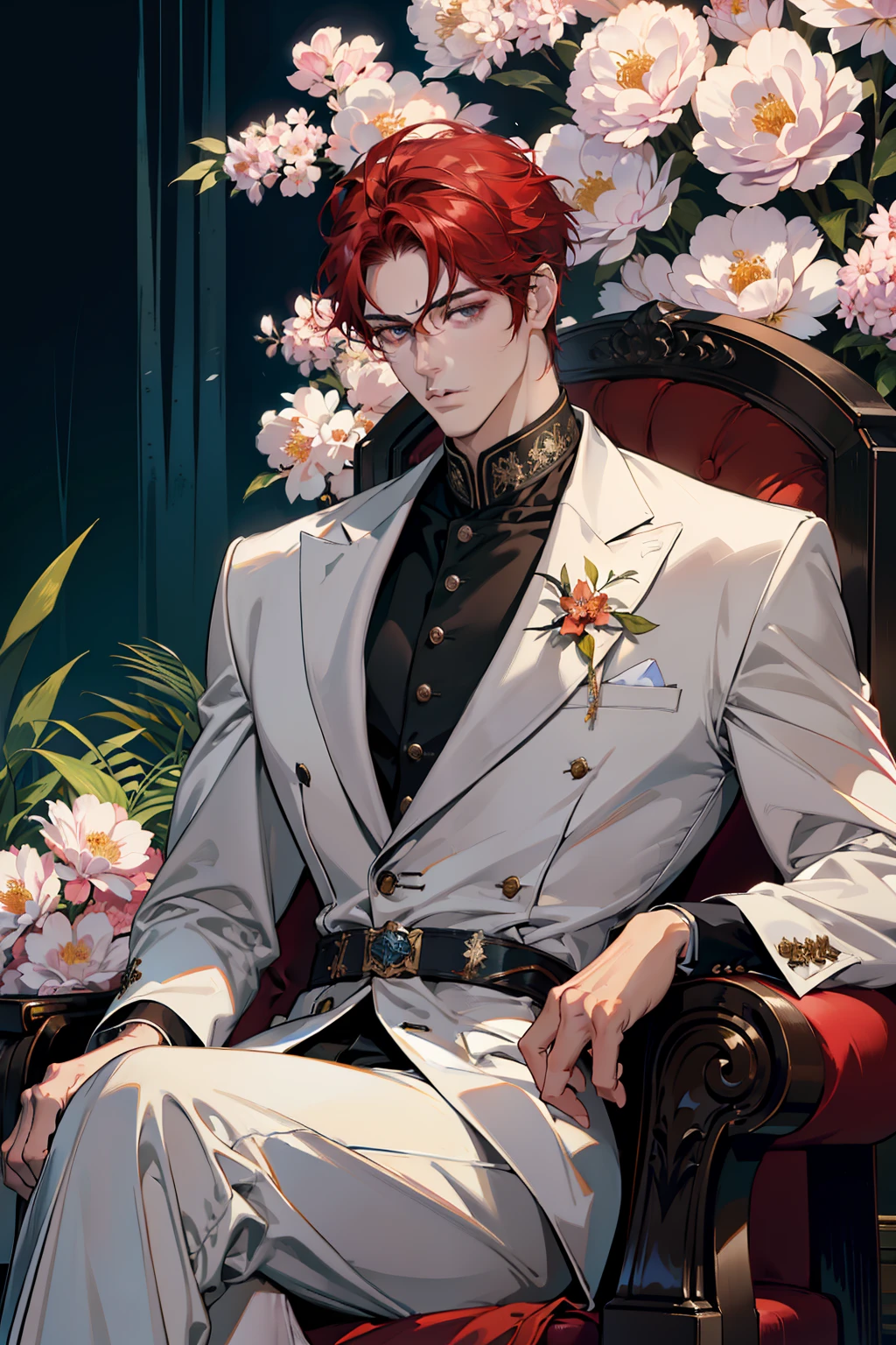 (absurderes、hight resolution、ultra-detailliert)、1male people、Adults、a handsome、tall muscular man、broad shoulder、Detailed eyes and detailed face、red hairs、verd s eyes、a handsome、suits、Fantasia、校服、royal、the woods、Bright flowers with flowering、sunlights、Fantastic Light and Shadow、landscapes、portraitures、a throne、
